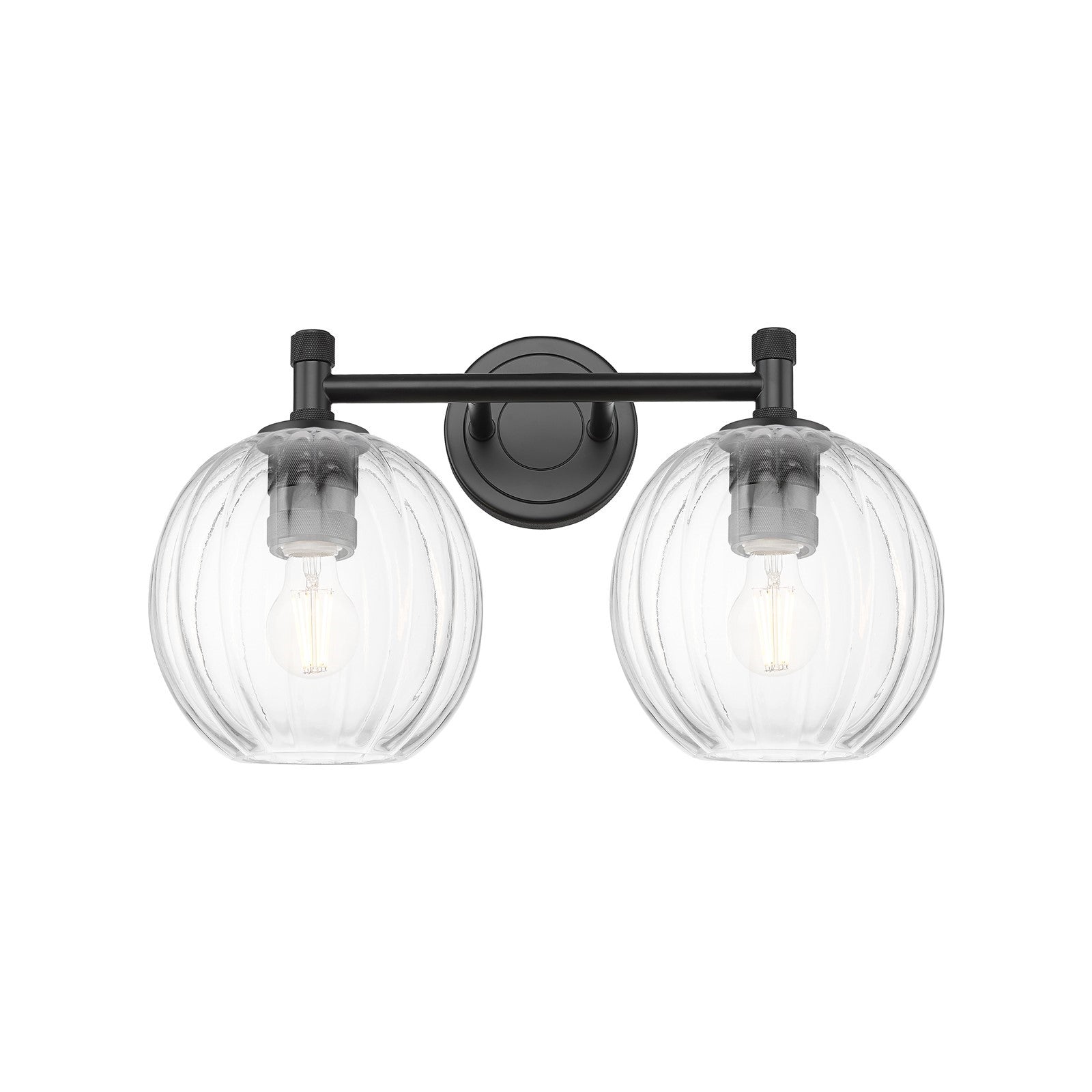 Innovations Preston Globe 15in 2-Light Bath Vanity | Industrial Matte Black and Clear Glass | Bathroom & Powder Room | Model 434-2W-BK-G458-7CL