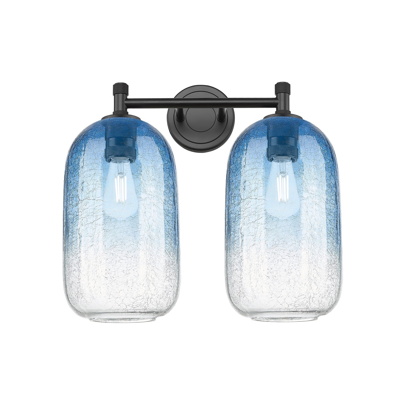 Innovations Brookhaven Cloche 15in 2-Light Bath Vanity | Industrial Matte Black and Sapphire Blue Glass | Bathroom | Model 434-2W-BK-G482-7SB