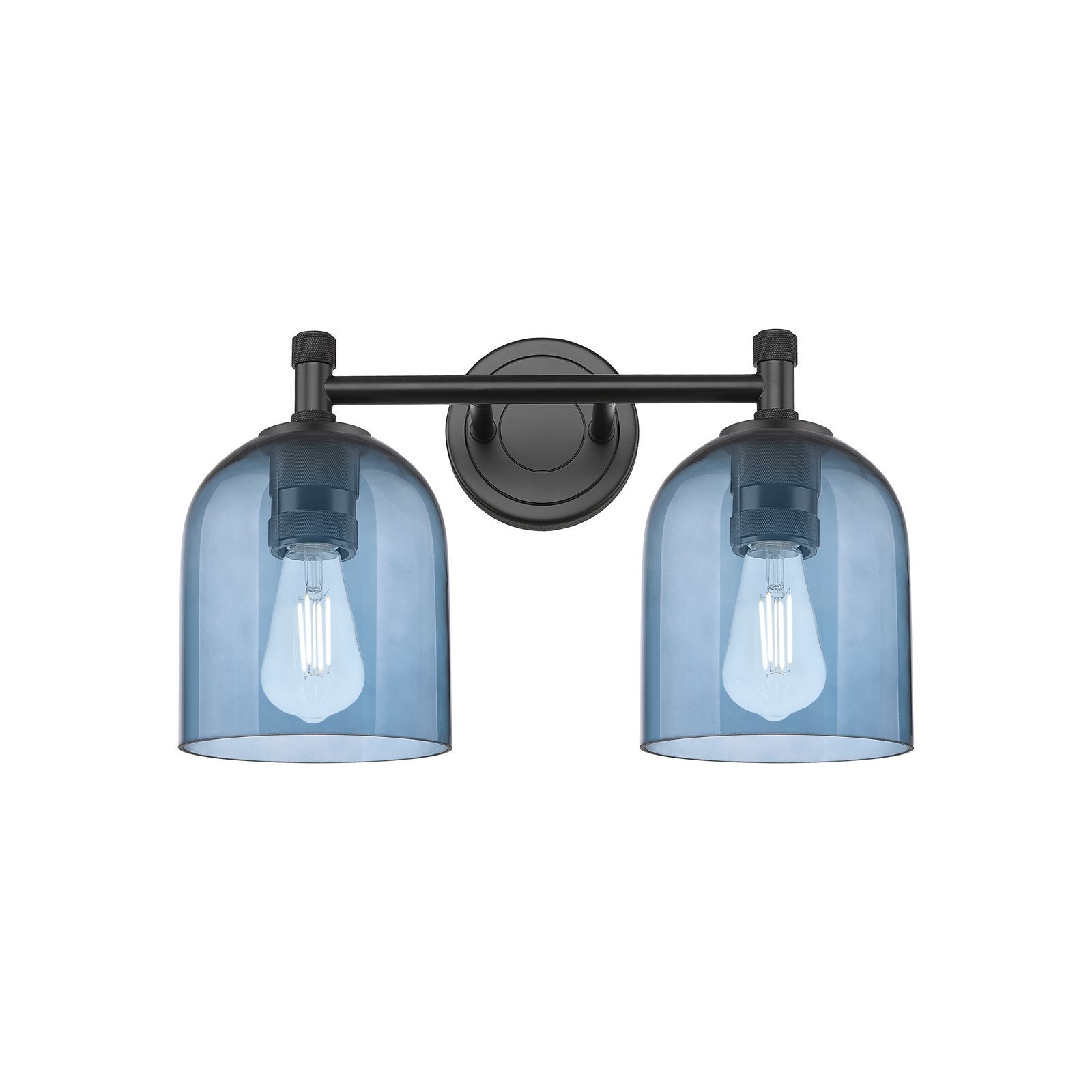 Innovations Bella 13.5in 2-Light Bath Vanity | Industrial Matte Black and Blue Glass | Bathroom & Powder Room | Model 434-2W-BK-G558-6BL