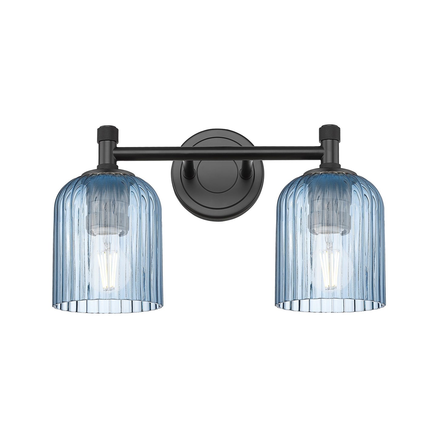 Innovations Crown Point 13in 2-Light Bath Vanity | Industrial Matte Black and Princess Blue Glass | Bathroom & Powder Room | Model 434-2W-BK-G559-5BL