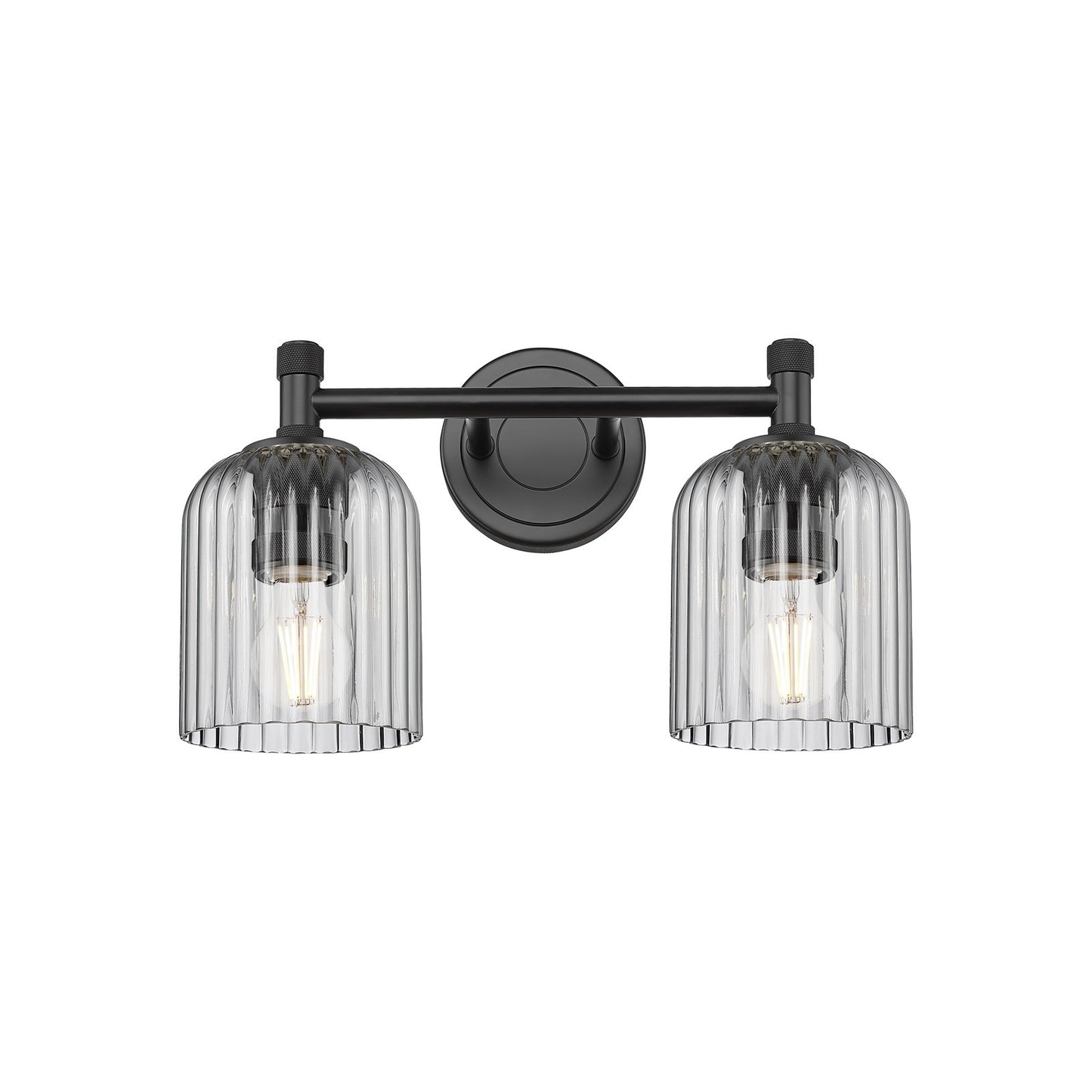 Innovations Crown Point 13in 2-Light Bath Vanity | Industrial Matte Black and Light Smoke Ribbed Glass | Bathroom Vanity | Model 434-2W-BK-G559-5SM