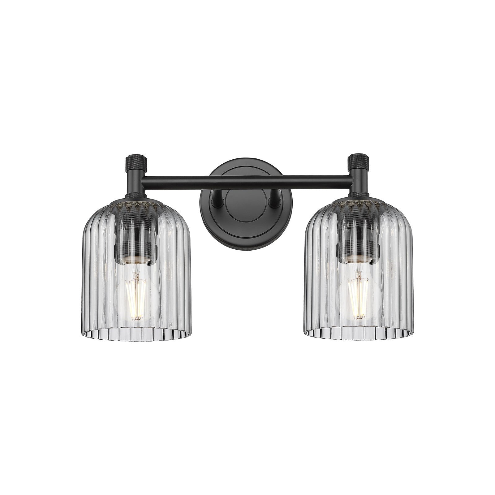 Innovations Crown Point 13in 2-Light Bath Vanity | Industrial Matte Black and Light Smoke Ribbed Glass | Bathroom Vanity | Model 434-2W-BK-G559-5SM