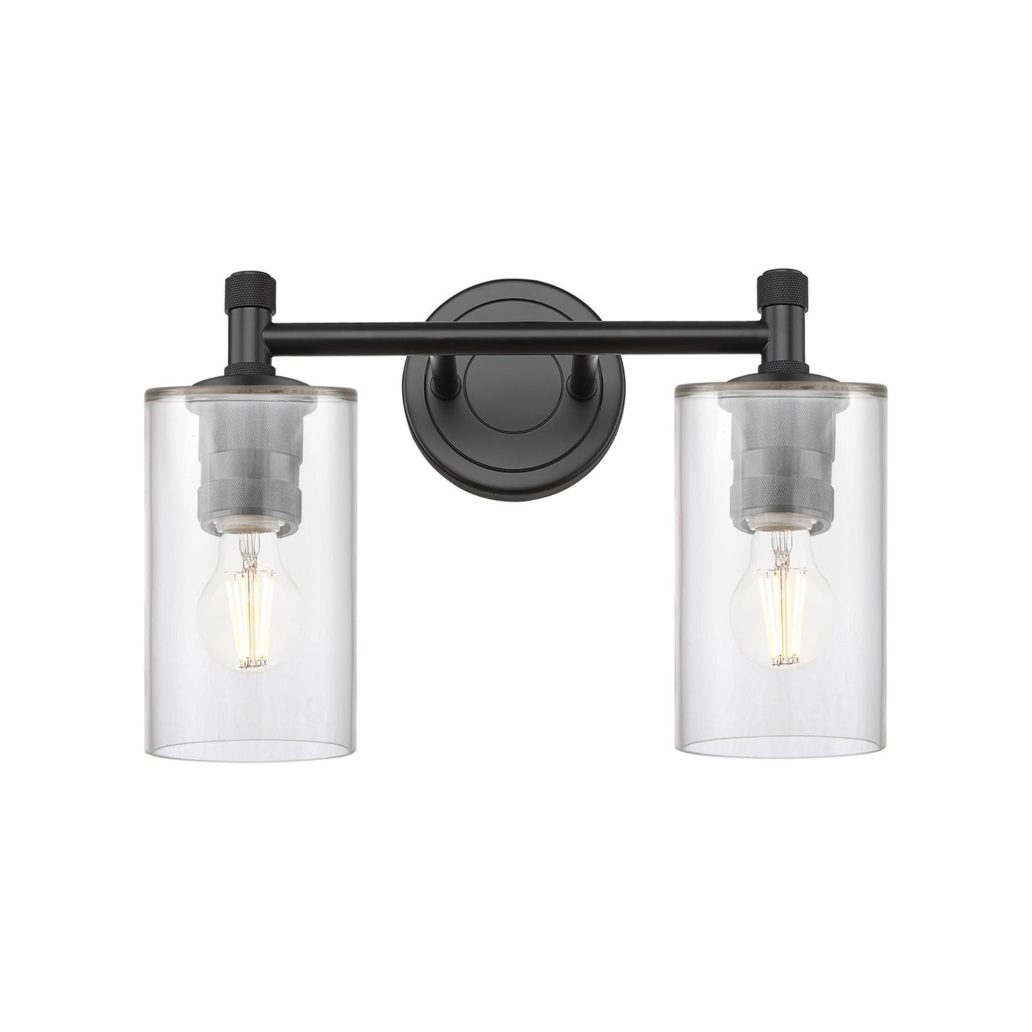 Innovations Clymer 12in 2-Light Bath Vanity | Industrial Matte Black and Clear Glass | Bathroom Vanity | 12 x 9 x 6.4 in | Model 434-2W-BK-G802