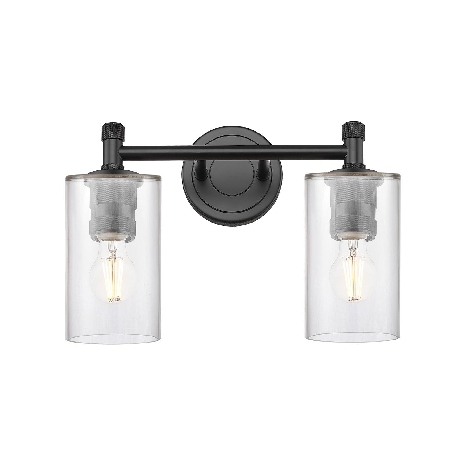 Innovations Clymer 12in 2-Light Bath Vanity | Industrial Matte Black and Clear Glass | Bathroom Vanity | 12 x 9 x 6.4 in | Model 434-2W-BK-G802