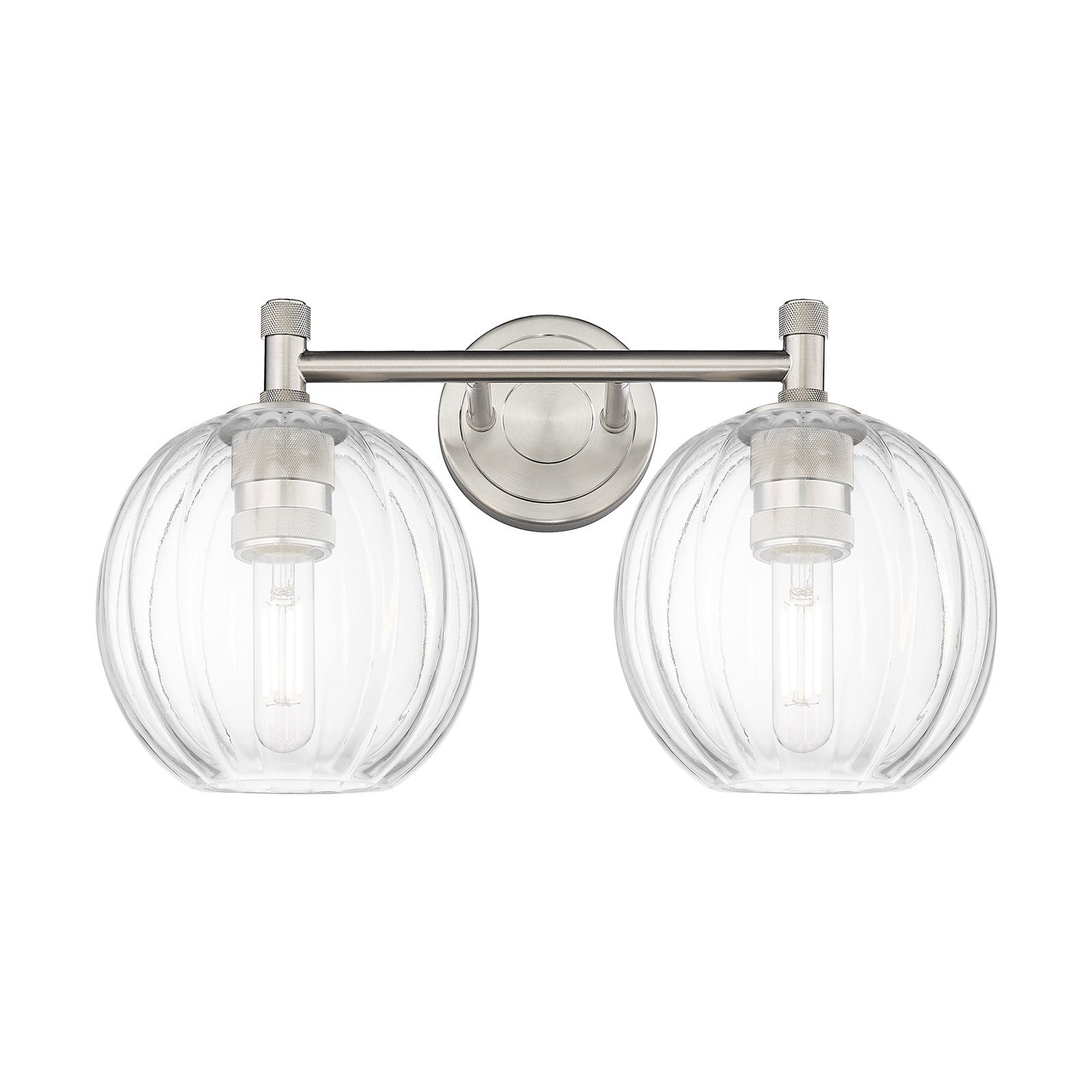Innovations Preston Globe 15in 2-Light Bath Vanity | Industrial Satin Nickel and Clear Glass | Bathroom & Powder Room | Model 434-2W-SN-G458-7CL