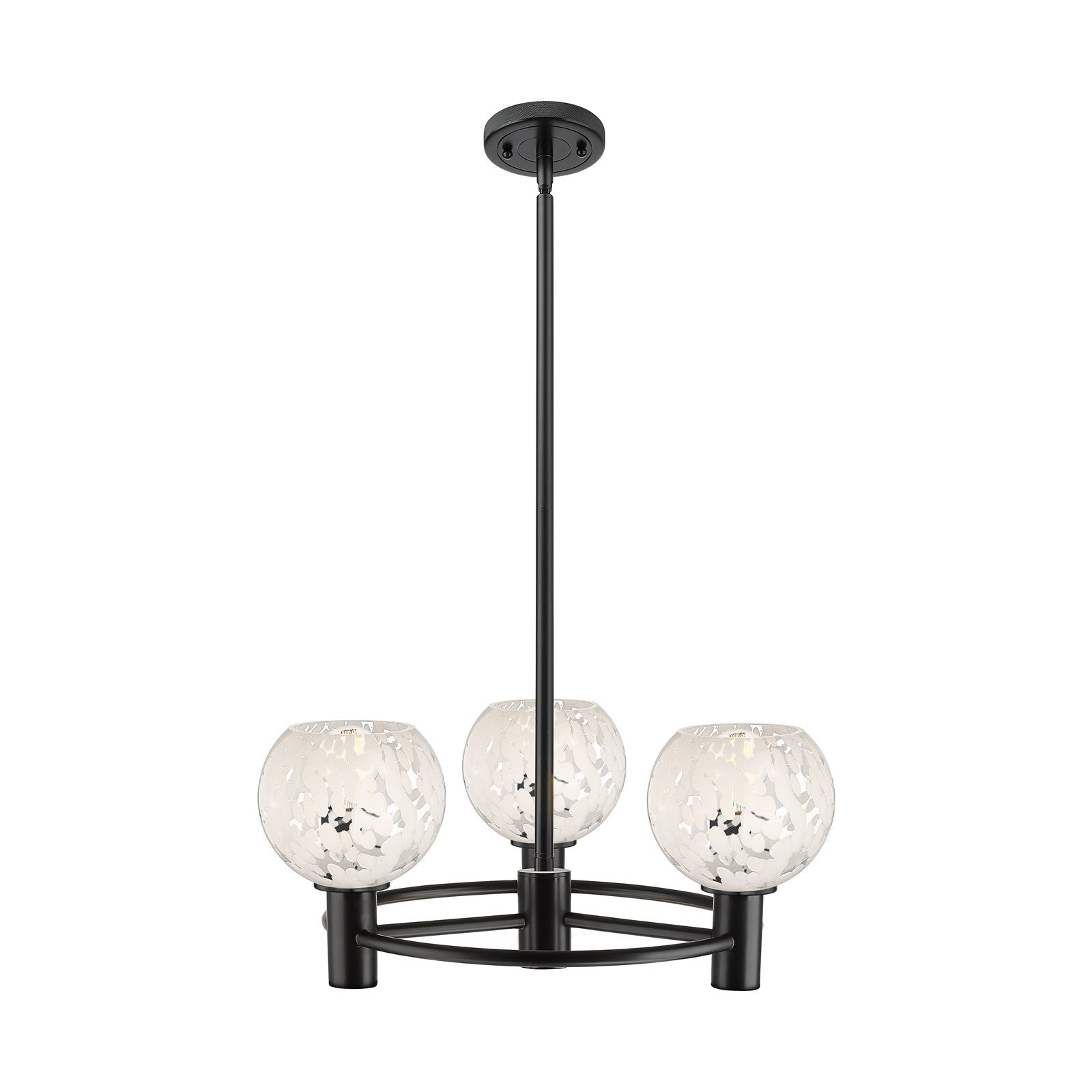Innovations White Mouchette 20in 3-Light Pendant | Industrial Matte Black and White Mouchette Glass | Kitchen Island | Model 434-3CR-BK-G1216-6WM