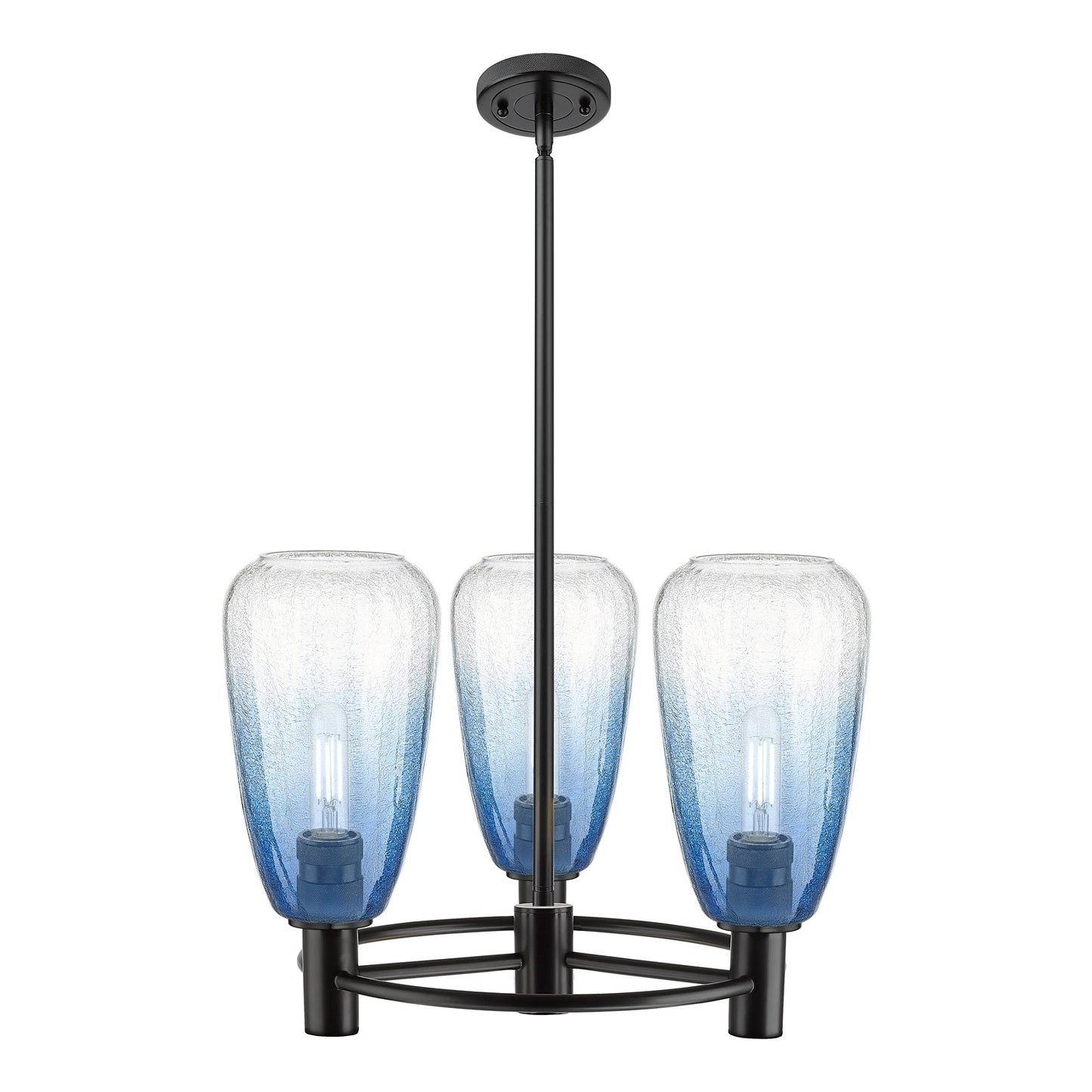 Innovations Brookhaven Almond 20in 3-Light Pendant | Industrial Matte Black and Sapphire Blue Glass | Kitchen Island | Model 434-3CR-BK-G480-6SB