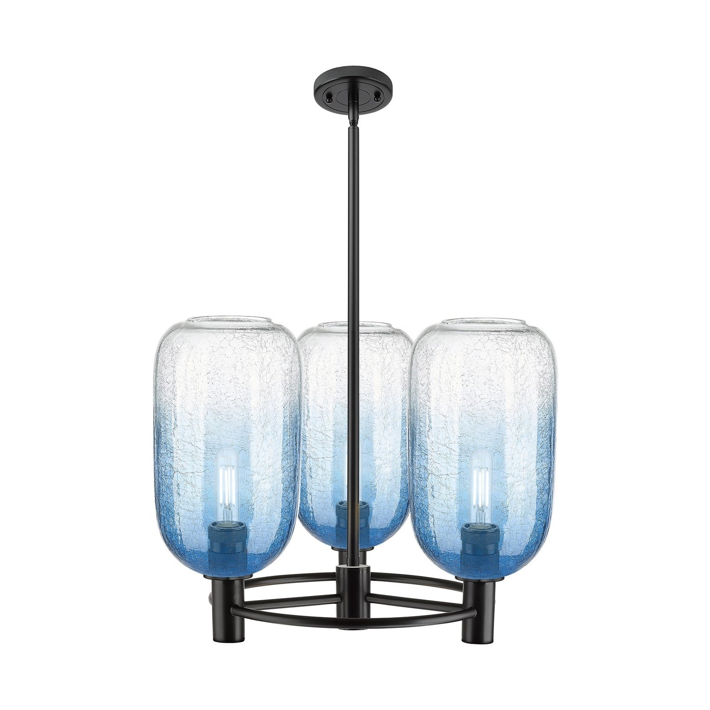 Innovations Brookhaven Cloche 21in 3-Light Pendant | Industrial Matte Black and Sapphire Blue Glass | Kitchen Island | Model 434-3CR-BK-G482-7SB