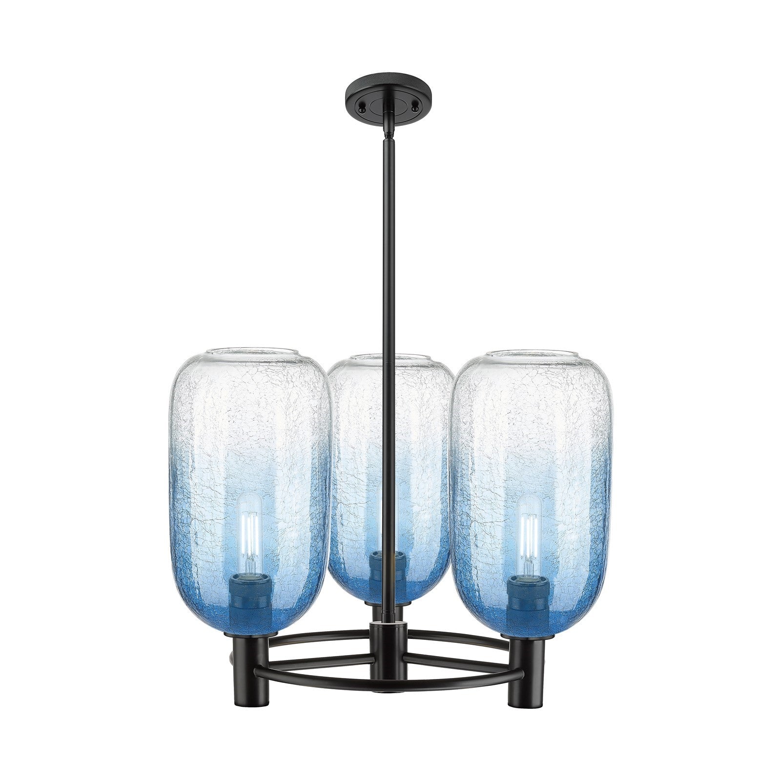 Innovations Brookhaven Cloche 21in 3-Light Pendant | Industrial Matte Black and Sapphire Blue Glass | Kitchen Island | Model 434-3CR-BK-G482-7SB