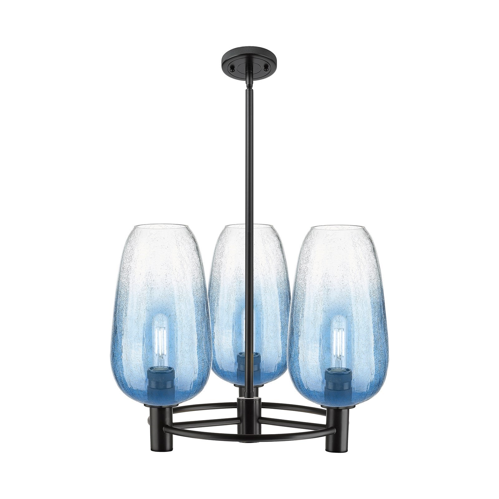Innovations Brookhaven Flute 21in 3-Light Pendant | Industrial Matte Black and Sapphire Blue Glass | Kitchen Island | Model 434-3CR-BK-G484-7SB