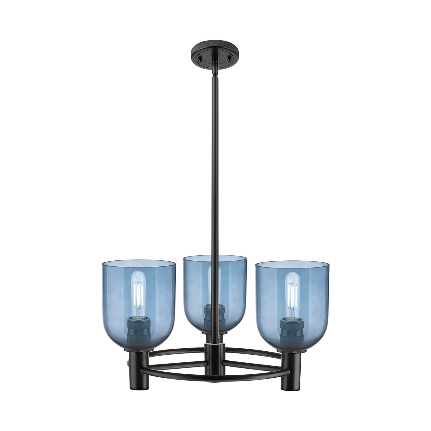 Innovations Bella 19in 3-Light Pendant | Industrial Matte Black and Blue Glass | Kitchen Island & Dining Room | Model 434-3CR-BK-G558-6BL
