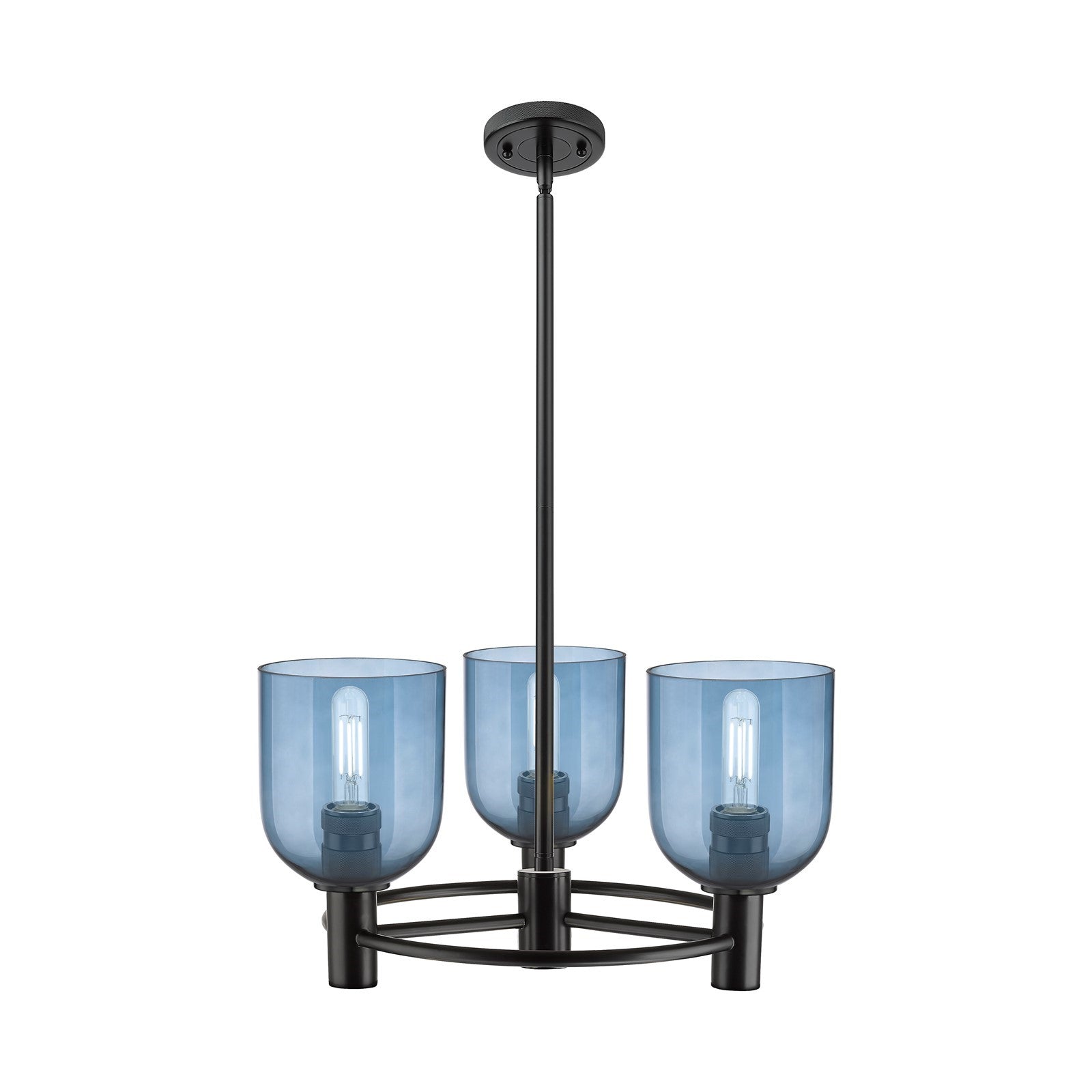 Innovations Bella 19in 3-Light Pendant | Industrial Matte Black and Blue Glass | Kitchen Island & Dining Room | Model 434-3CR-BK-G558-6BL