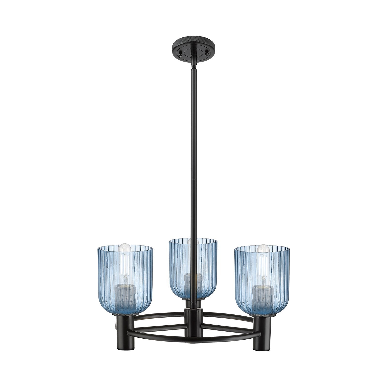 Innovations Crown Point 19in 3-Light Pendant | Industrial Matte Black and Princess Blue Glass | Kitchen Island & Dining | Model 434-3CR-BK-G559-5BL
