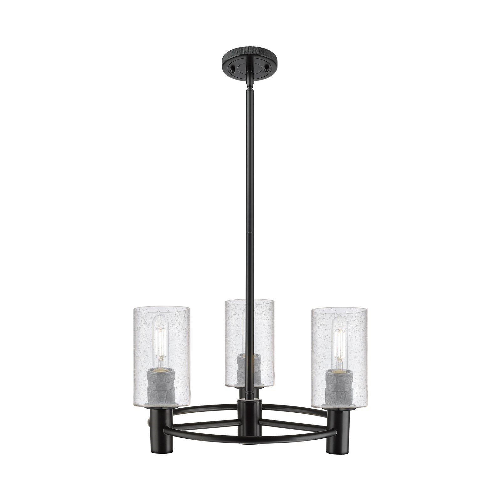 Innovations Clymer 18in 3-Light Pendant | Industrial Matte Black and Seedy Glass | Kitchen Island & Dining Room | Model 434-3CR-BK-G804