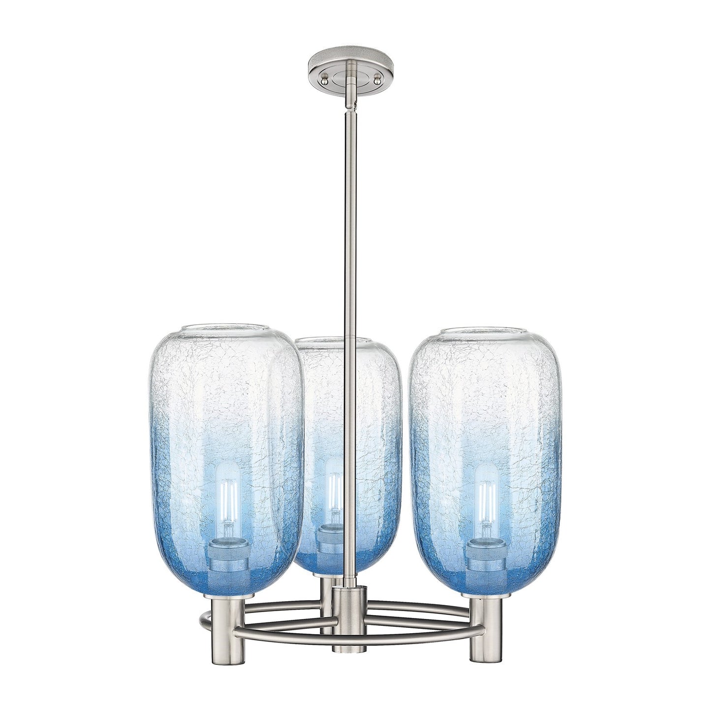 Innovations Brookhaven Cloche 21in 3-Light Pendant | Industrial Satin Nickel and Sapphire Blue Glass | Kitchen Island | Model 434-3CR-SN-G482-7SB
