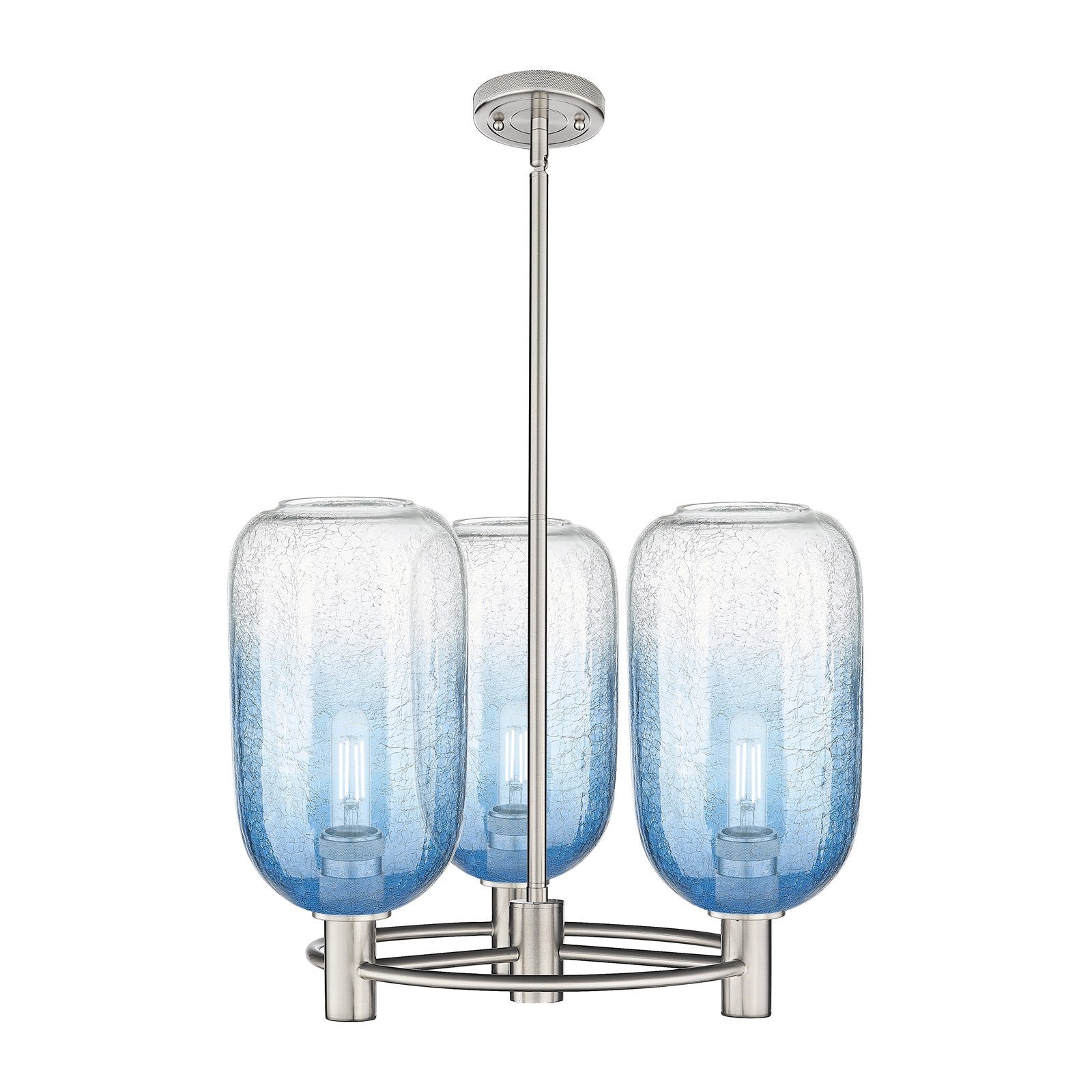 Innovations Brookhaven Cloche 21in 3-Light Pendant | Industrial Satin Nickel and Sapphire Blue Glass | Kitchen Island | Model 434-3CR-SN-G482-7SB
