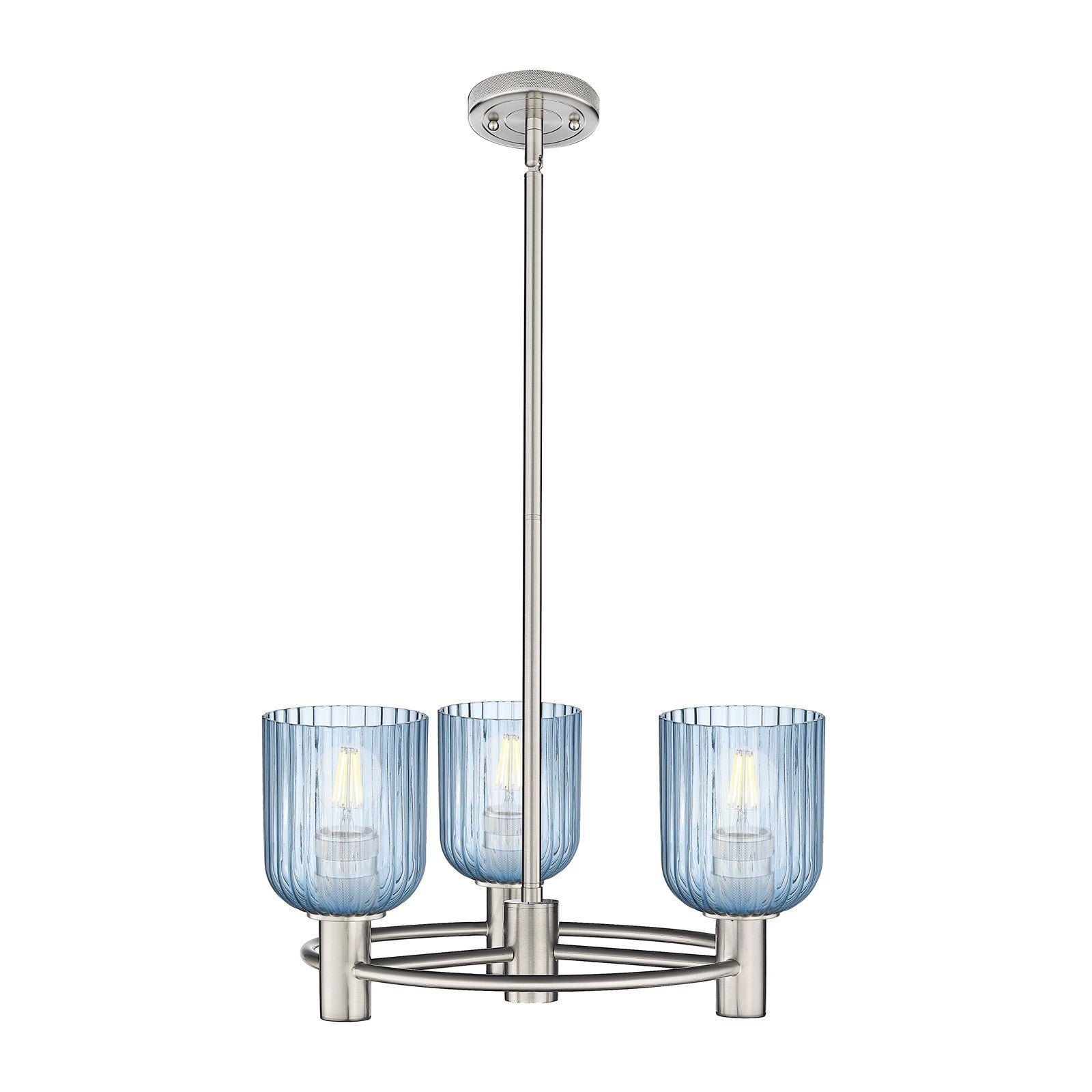 Innovations Crown Point 19in 3-Light Pendant | Industrial Satin Nickel and Princess Blue Glass | Kitchen Island & Dining | Model 434-3CR-SN-G559-5BL