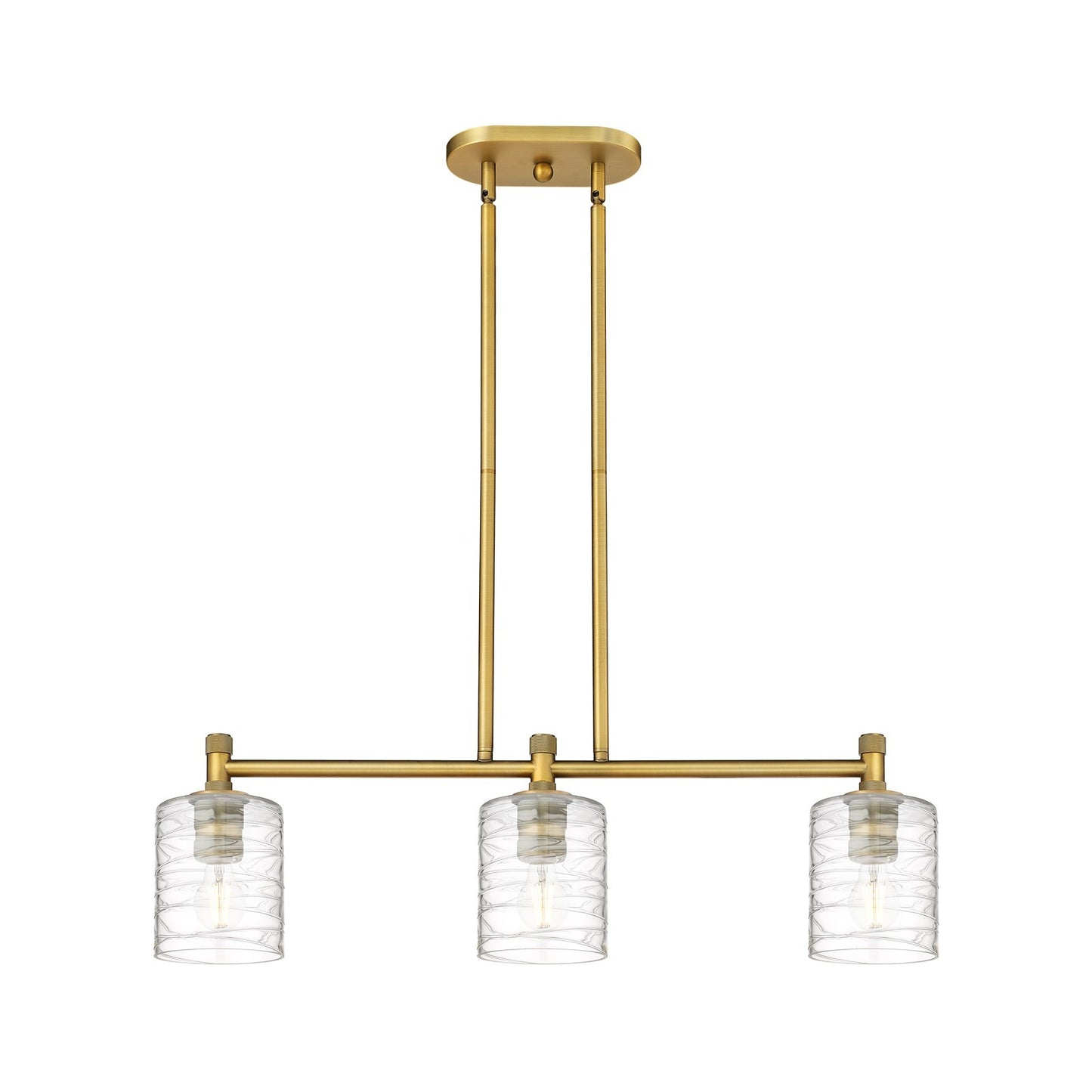 Innovations Cobbleskill 32in 3-Light Island Light | Industrial Brushed Brass and Deco Swirl Glass | Kitchen Island & Dining | Model 434-3I-BB-G1113