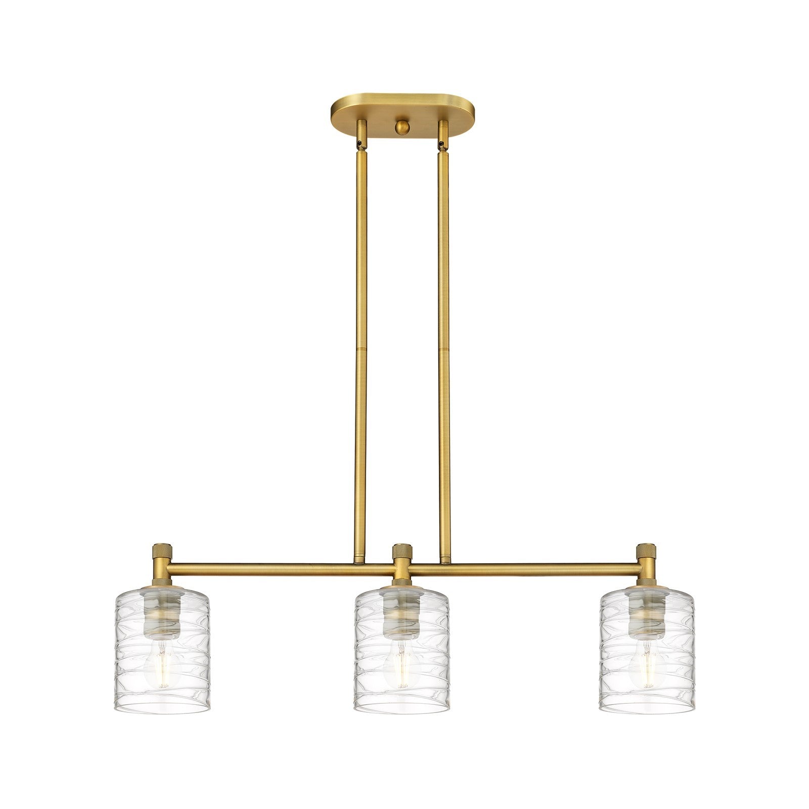 Innovations Cobbleskill 32in 3-Light Island Light | Industrial Brushed Brass and Deco Swirl Glass | Kitchen Island & Dining | Model 434-3I-BB-G1113