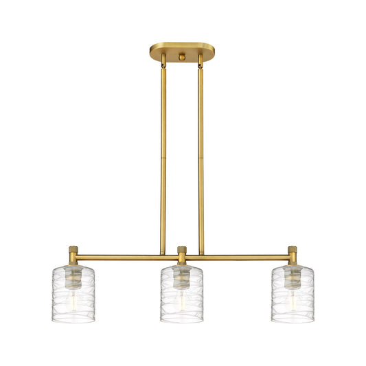 Innovations Cobbleskill 32in 3-Light Island Light | Industrial Brushed Brass and Deco Swirl Glass | Kitchen Island & Dining | Model 434-3I-BB-G1113
