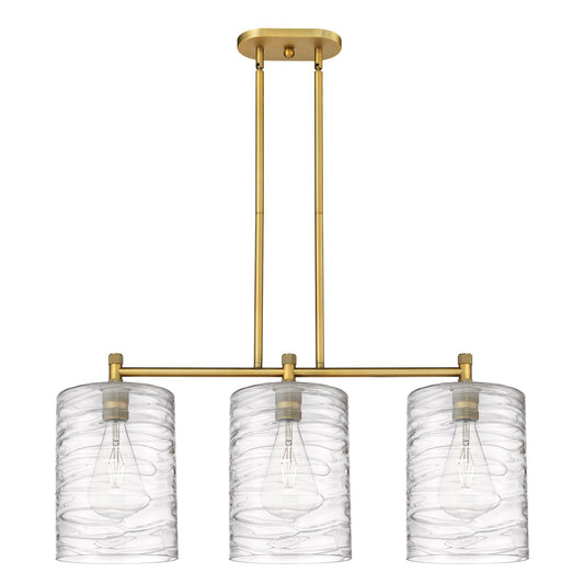 Innovations Cobbleskill 36in 3-Light Island Light | Industrial Brushed Brass and Deco Swirl Glass | Kitchen Island & Dining | Model 434-3I-BB-G1113-L