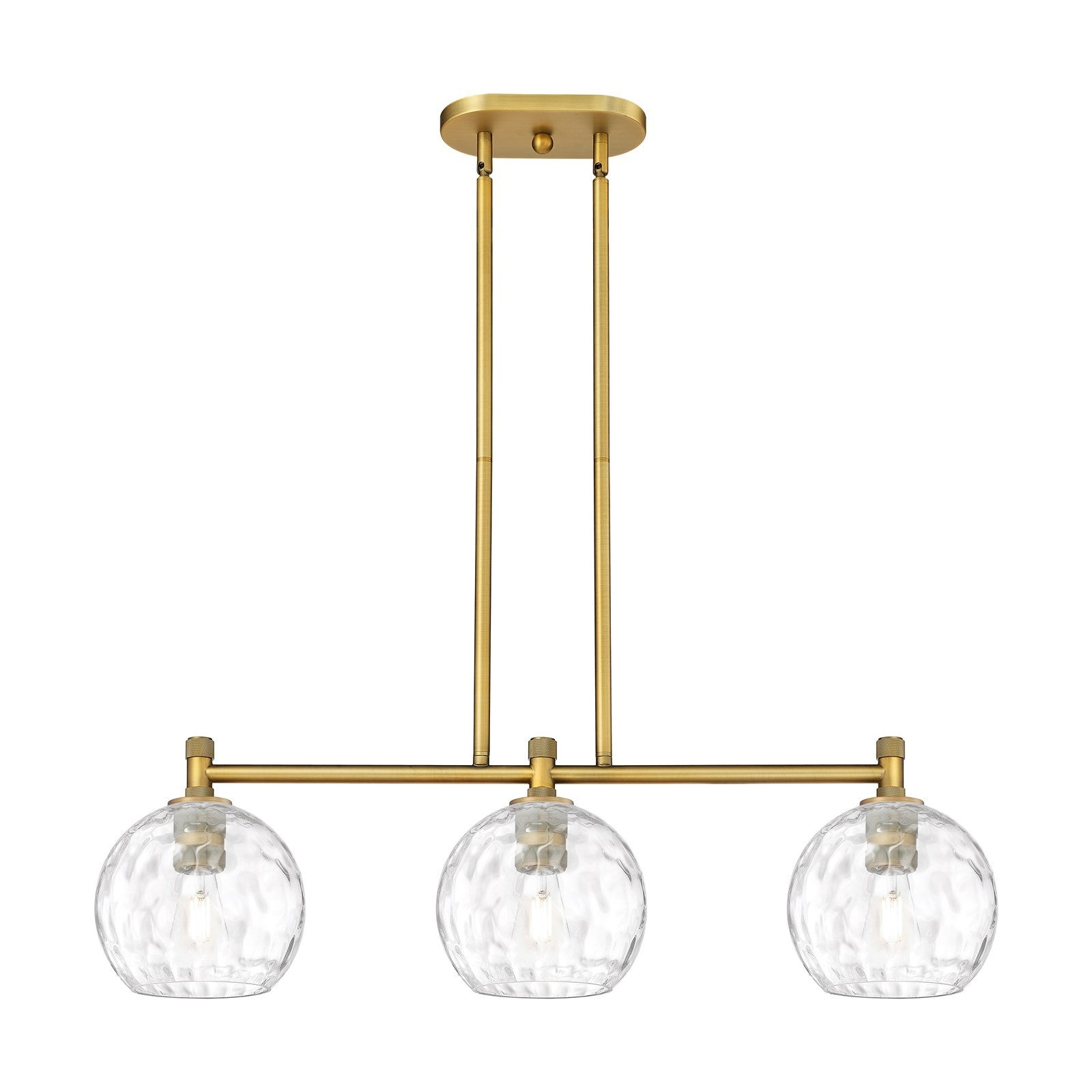 Innovations Athens Water Glass 35in 3-Light Island Light | Industrial Brushed Brass and Clear Glass | Kitchen Island | Model 434-3I-BB-G1215-8