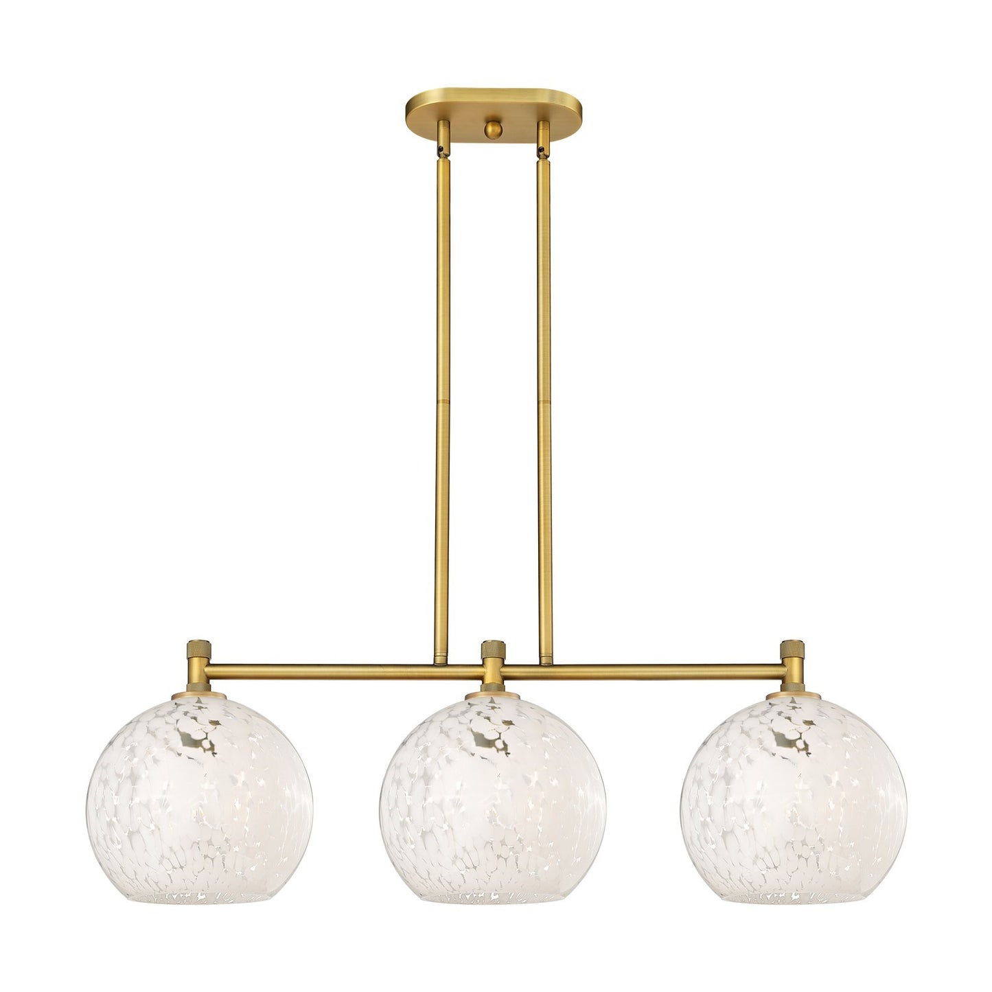 Innovations 37in 3-Light Island Light | Industrial Brushed Brass and White Mouchette Glass | Kitchen Island & Dining | Model 434-3I-BB-G1216-10WM