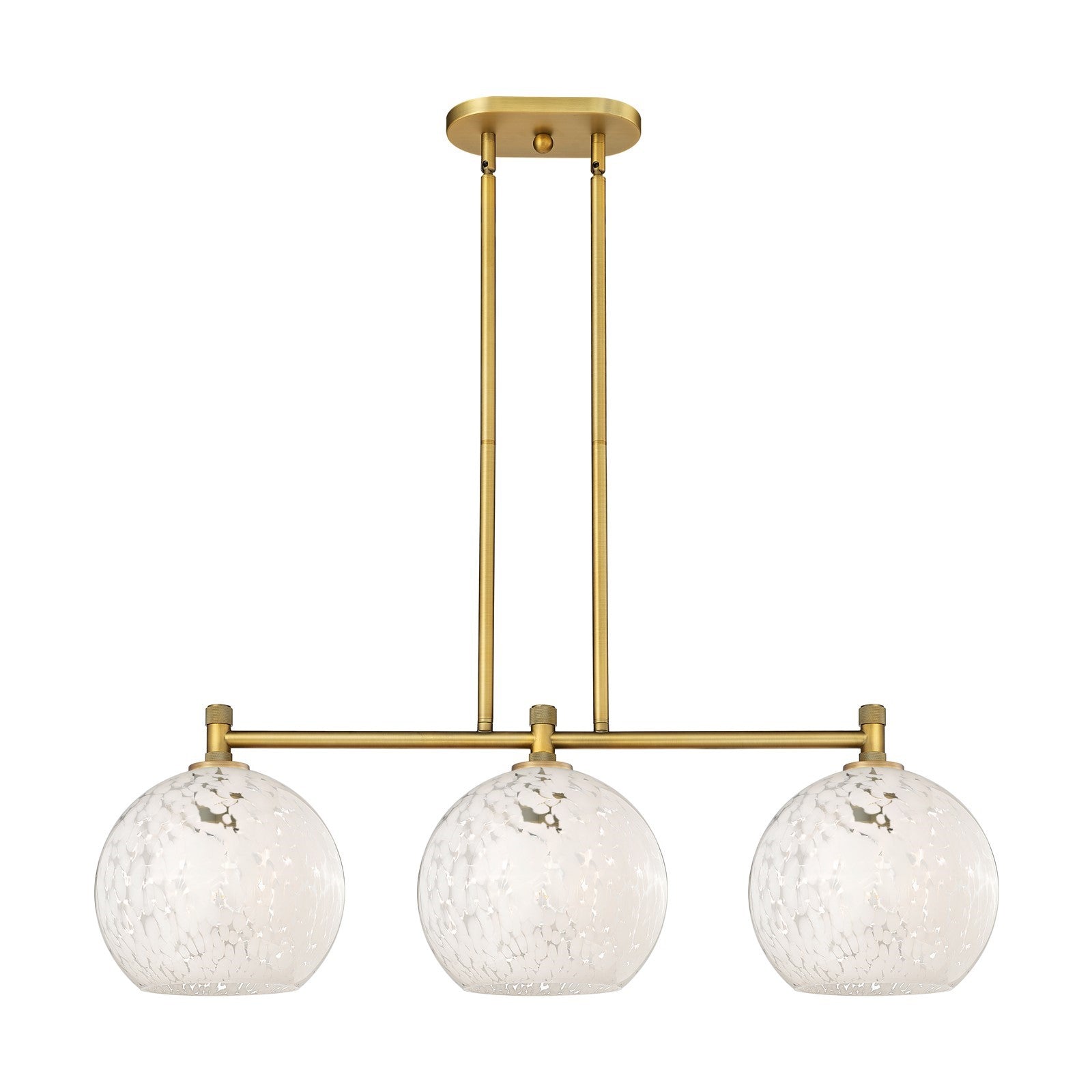Innovations 37in 3-Light Island Light | Industrial Brushed Brass and White Mouchette Glass | Kitchen Island & Dining | Model 434-3I-BB-G1216-10WM
