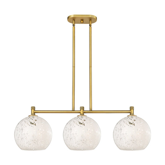 Innovations 37in 3-Light Island Light | Industrial Brushed Brass and White Mouchette Glass | Kitchen Island & Dining | Model 434-3I-BB-G1216-10WM