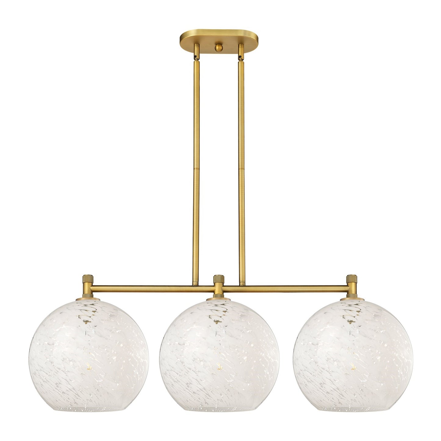 Innovations 39in 3-Light Island Light | Industrial Brushed Brass and White Mouchette Glass | Kitchen Island & Dining | Model 434-3I-BB-G1216-12WM