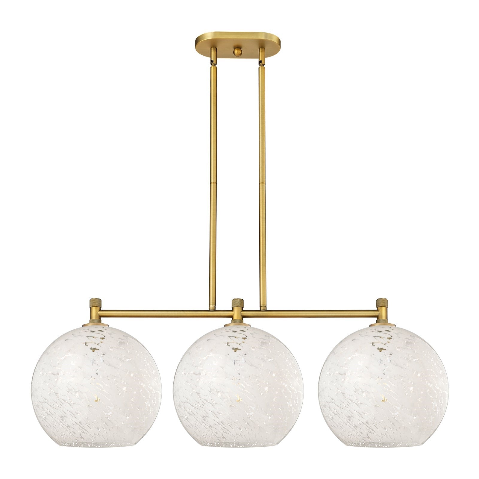 Innovations 39in 3-Light Island Light | Industrial Brushed Brass and White Mouchette Glass | Kitchen Island & Dining | Model 434-3I-BB-G1216-12WM