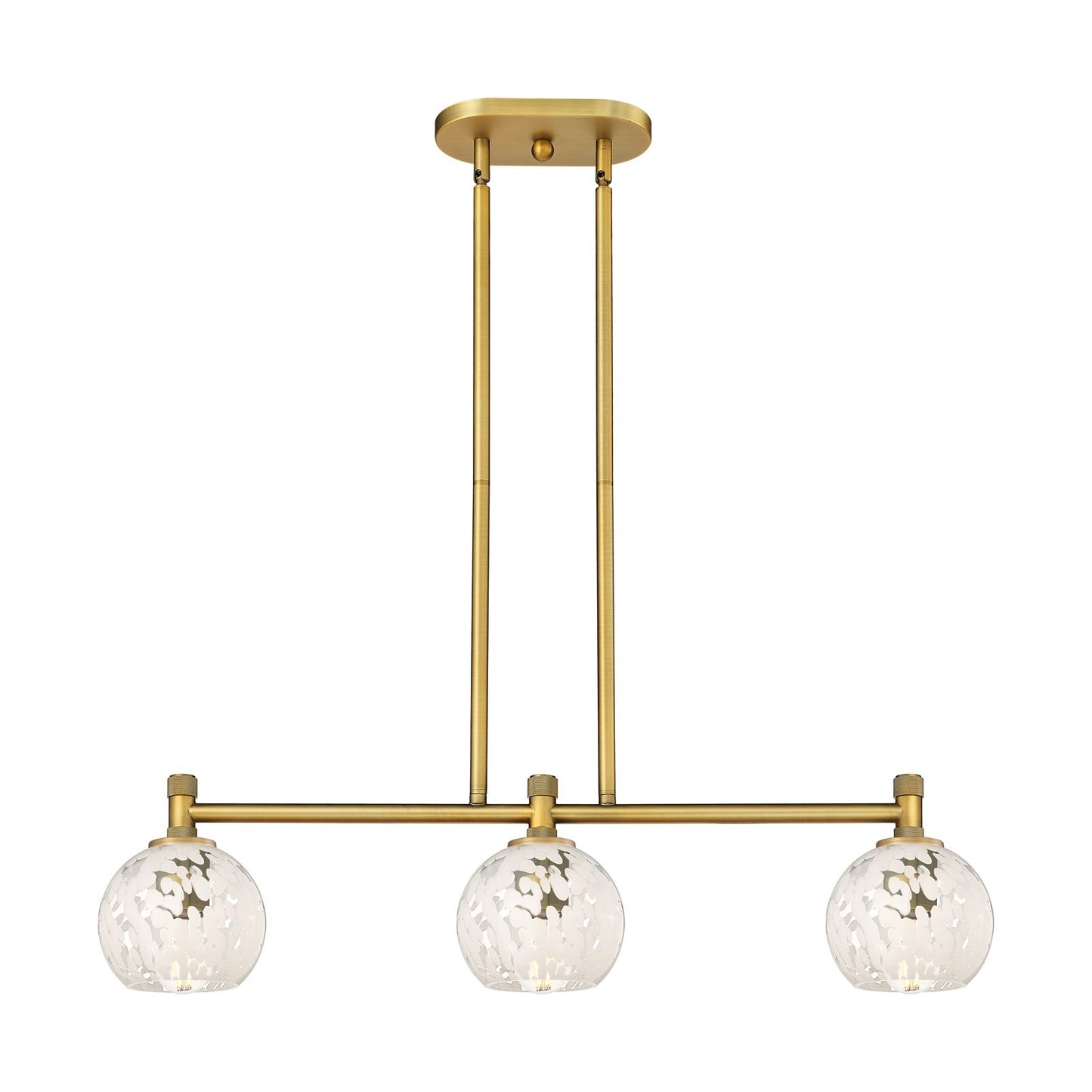 Innovations White Mouchette 33in 3-Light Island Light | Industrial Brushed Brass and White Mouchette Glass | Kitchen | Model 434-3I-BB-G1216-6WM