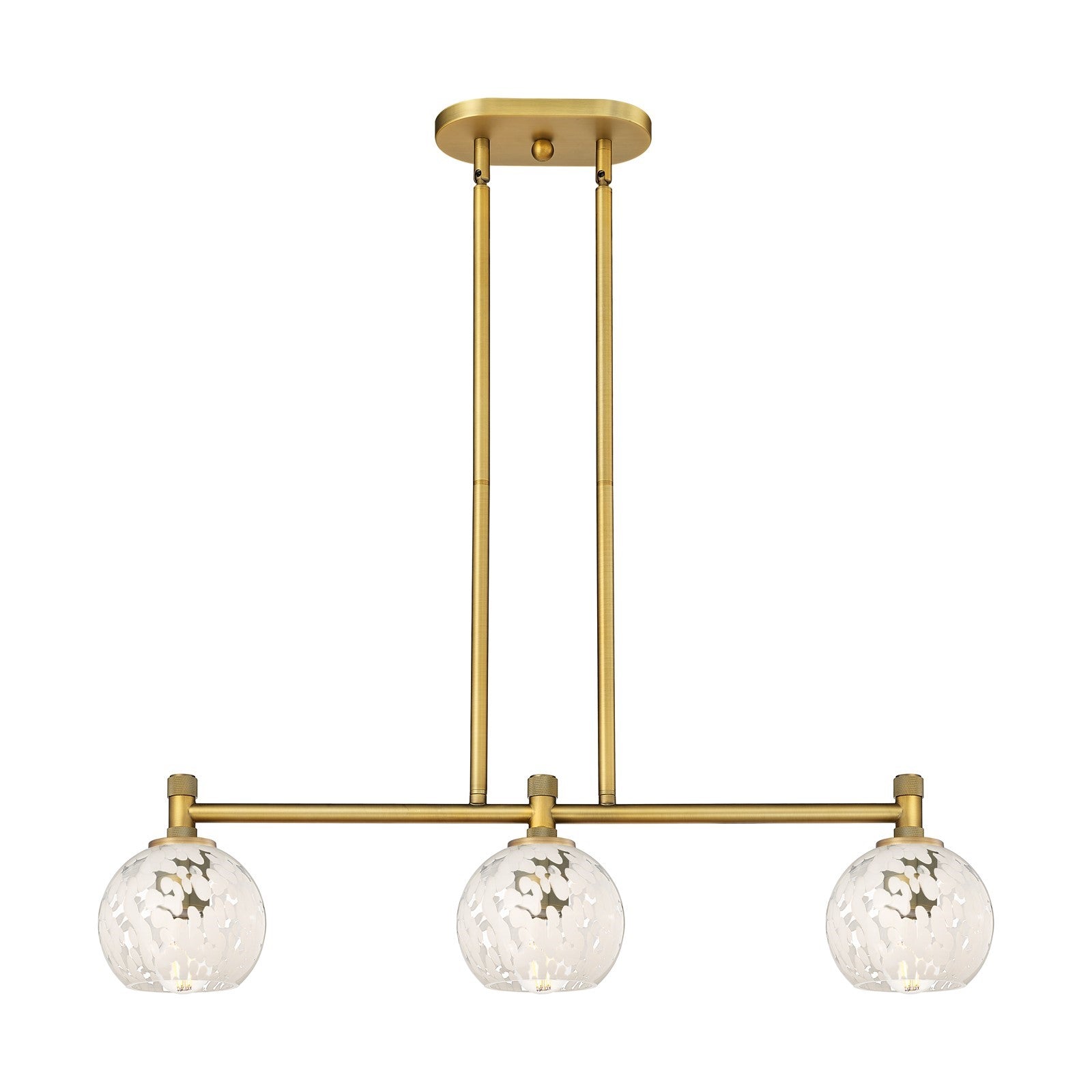 Innovations White Mouchette 33in 3-Light Island Light | Industrial Brushed Brass and White Mouchette Glass | Kitchen | Model 434-3I-BB-G1216-6WM