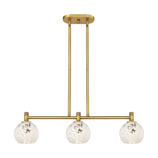 Innovations White Mouchette 33in 3-Light Island Light | Industrial Brushed Brass and White Mouchette Glass | Kitchen | Model 434-3I-BB-G1216-6WM