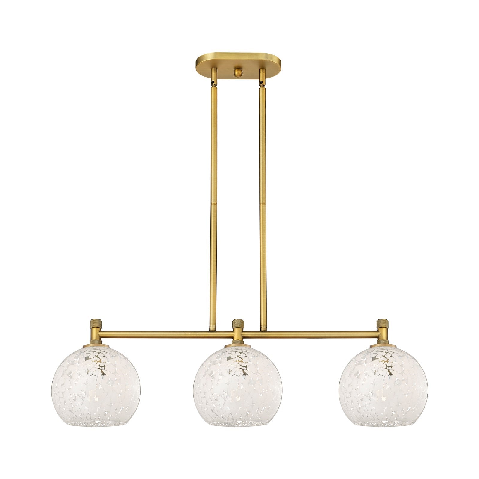 Innovations White Mouchette 35in 3-Light Island Light | Industrial Brushed Brass and White Mouchette Glass | Kitchen | Model 434-3I-BB-G1216-8WM