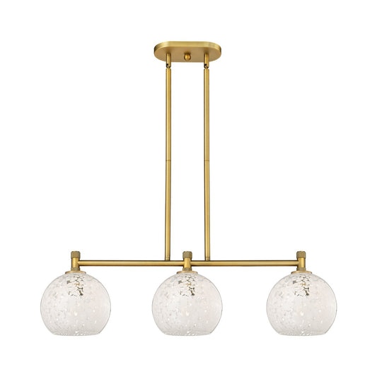 Innovations White Mouchette 35in 3-Light Island Light | Industrial Brushed Brass and White Mouchette Glass | Kitchen | Model 434-3I-BB-G1216-8WM