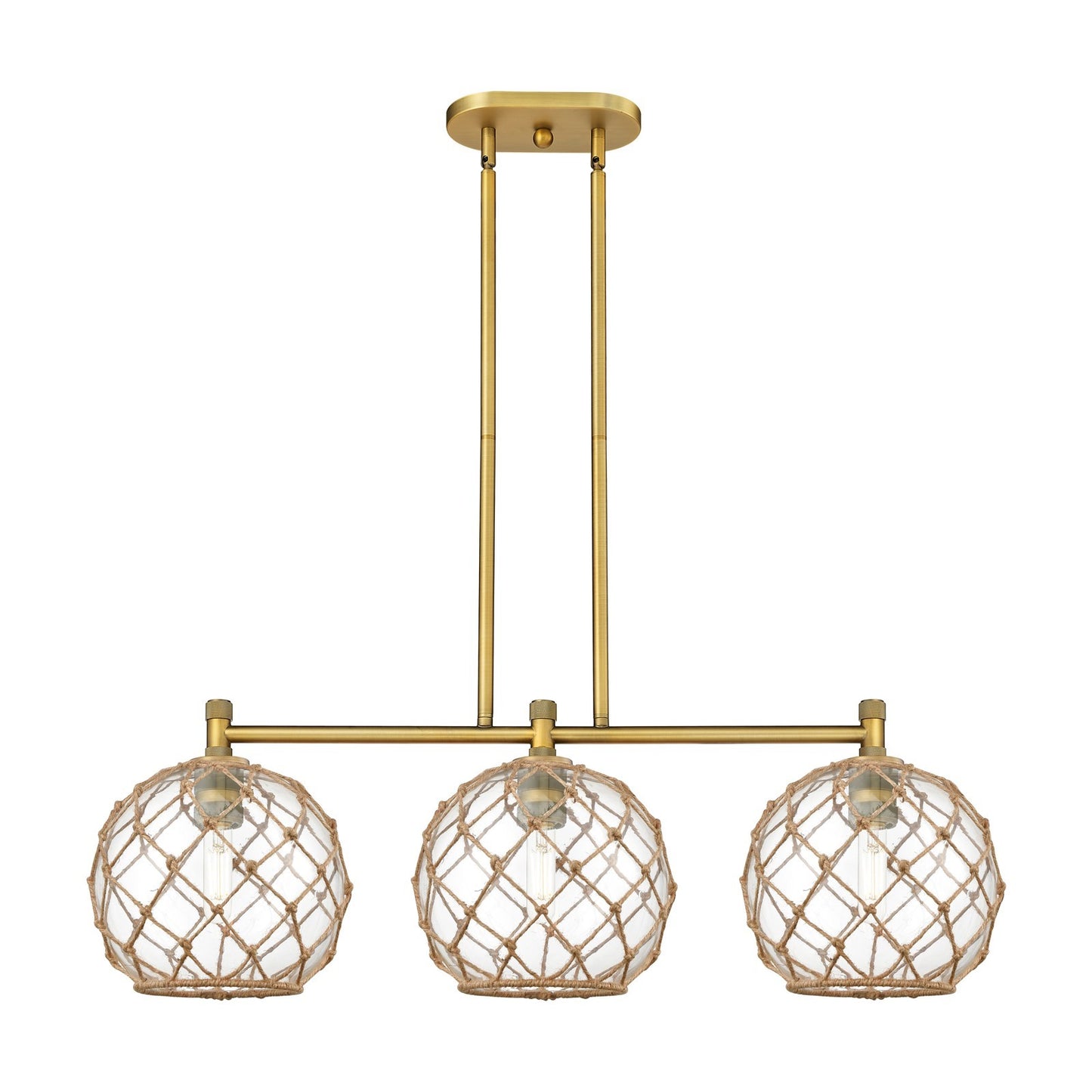 Innovations Farmhouse Rope 37in 3-Light Island Light | Industrial Brushed Brass and Clear Glass Brown Rope | Kitchen | Model 434-3I-BB-G122-10RB
