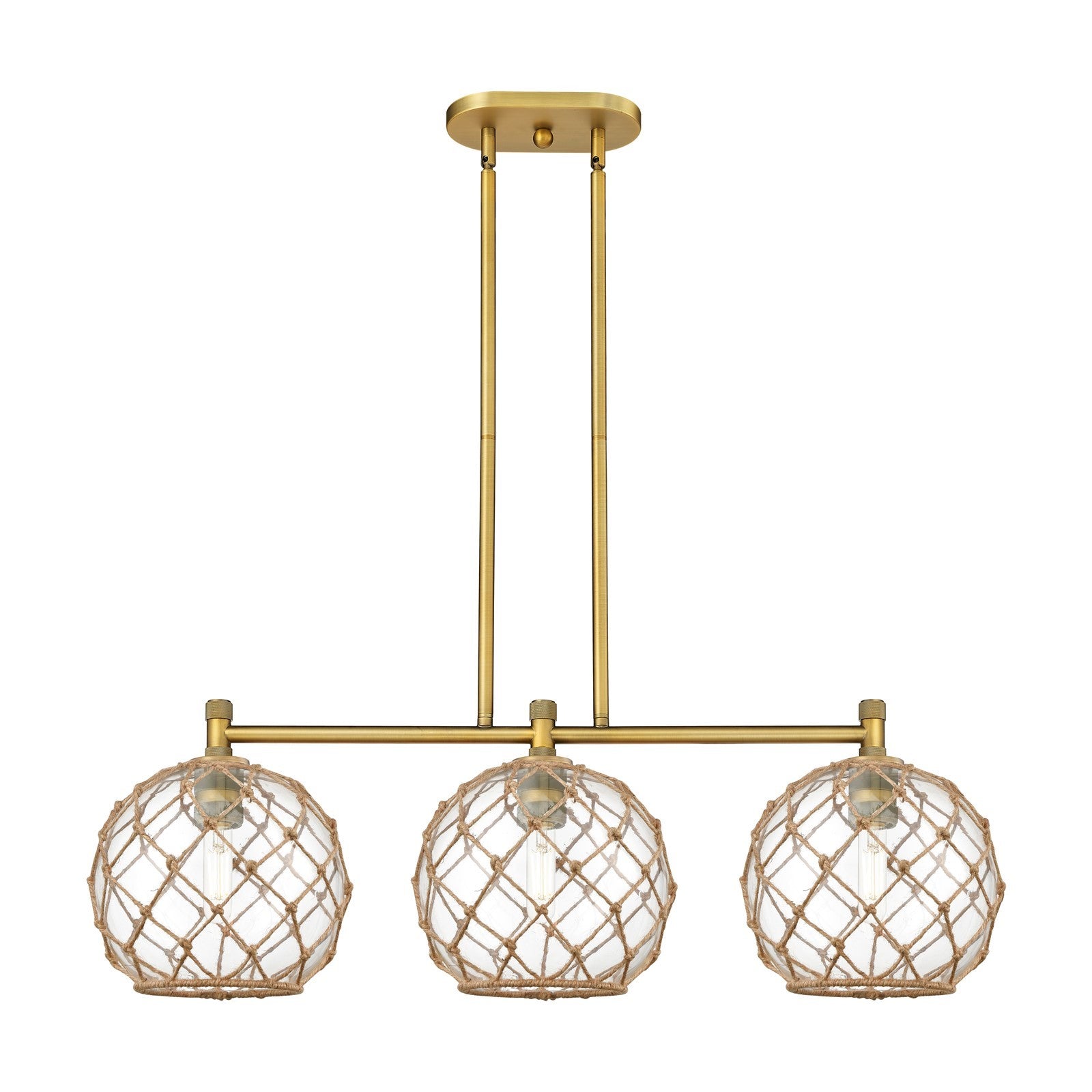 Innovations Farmhouse Rope 37in 3-Light Island Light | Industrial Brushed Brass and Clear Glass Brown Rope | Kitchen | Model 434-3I-BB-G122-10RB