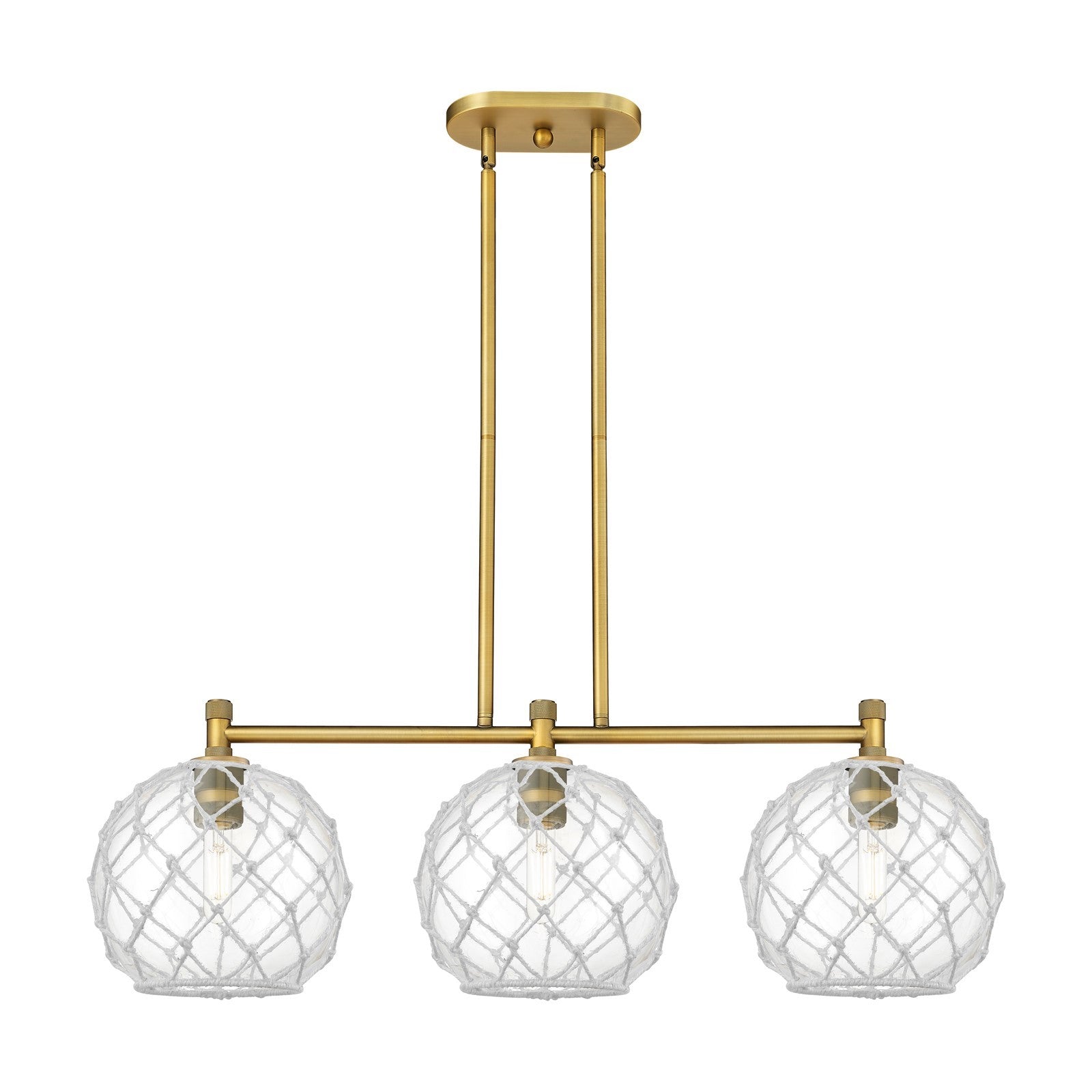 Innovations Farmhouse Rope 37in 3-Light Island Light | Industrial Brushed Brass and Clear Glass White Rope | Kitchen | Model 434-3I-BB-G122-10RW