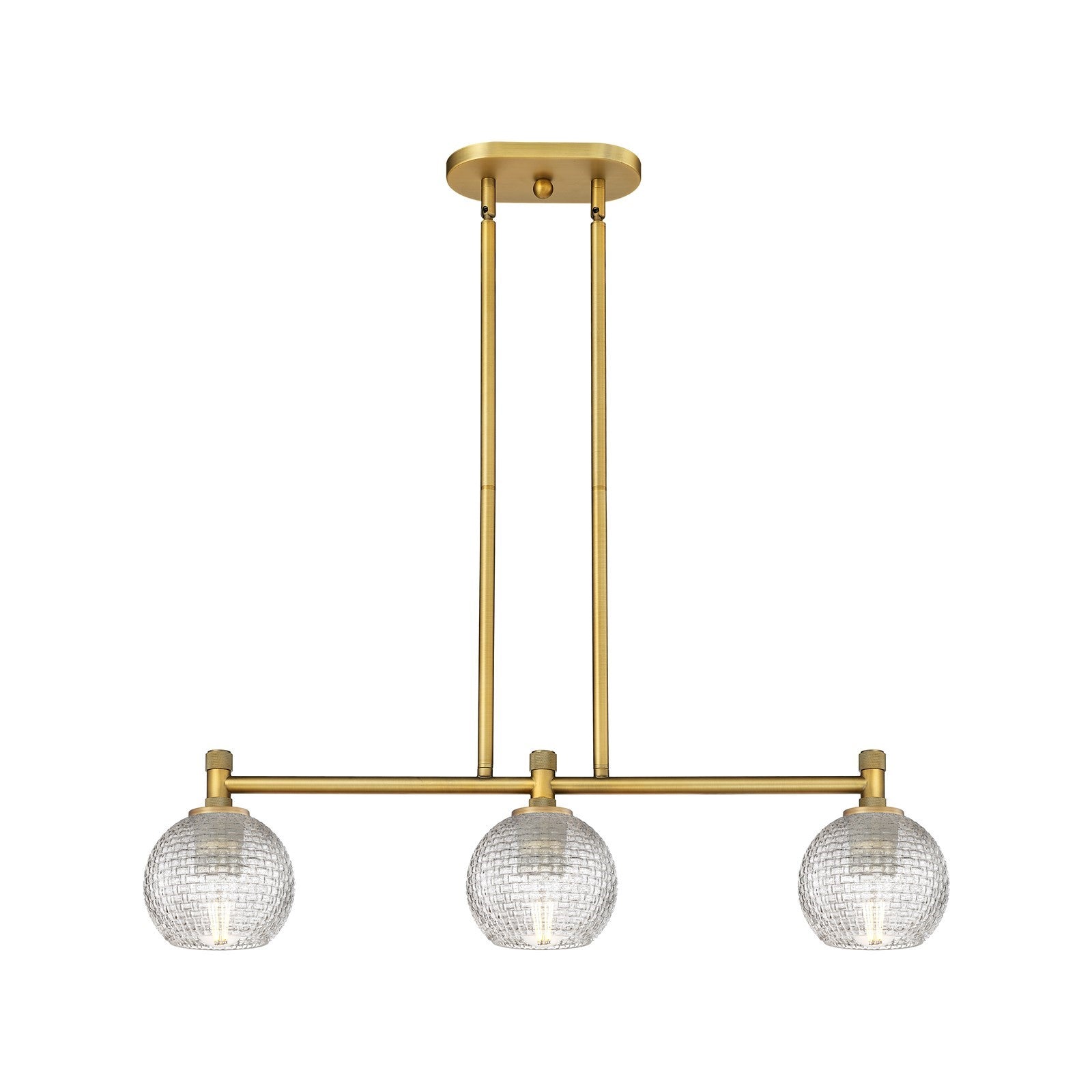Innovations Athens 33in 3-Light Island Light | Industrial Brushed Brass and Clear Basket Weave Glass | Kitchen Island | Model 434-3I-BB-G122C-6CL
