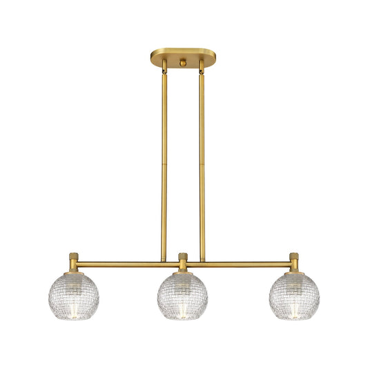 Innovations Athens 33in 3-Light Island Light | Industrial Brushed Brass and Clear Basket Weave Glass | Kitchen Island | Model 434-3I-BB-G122C-6CL
