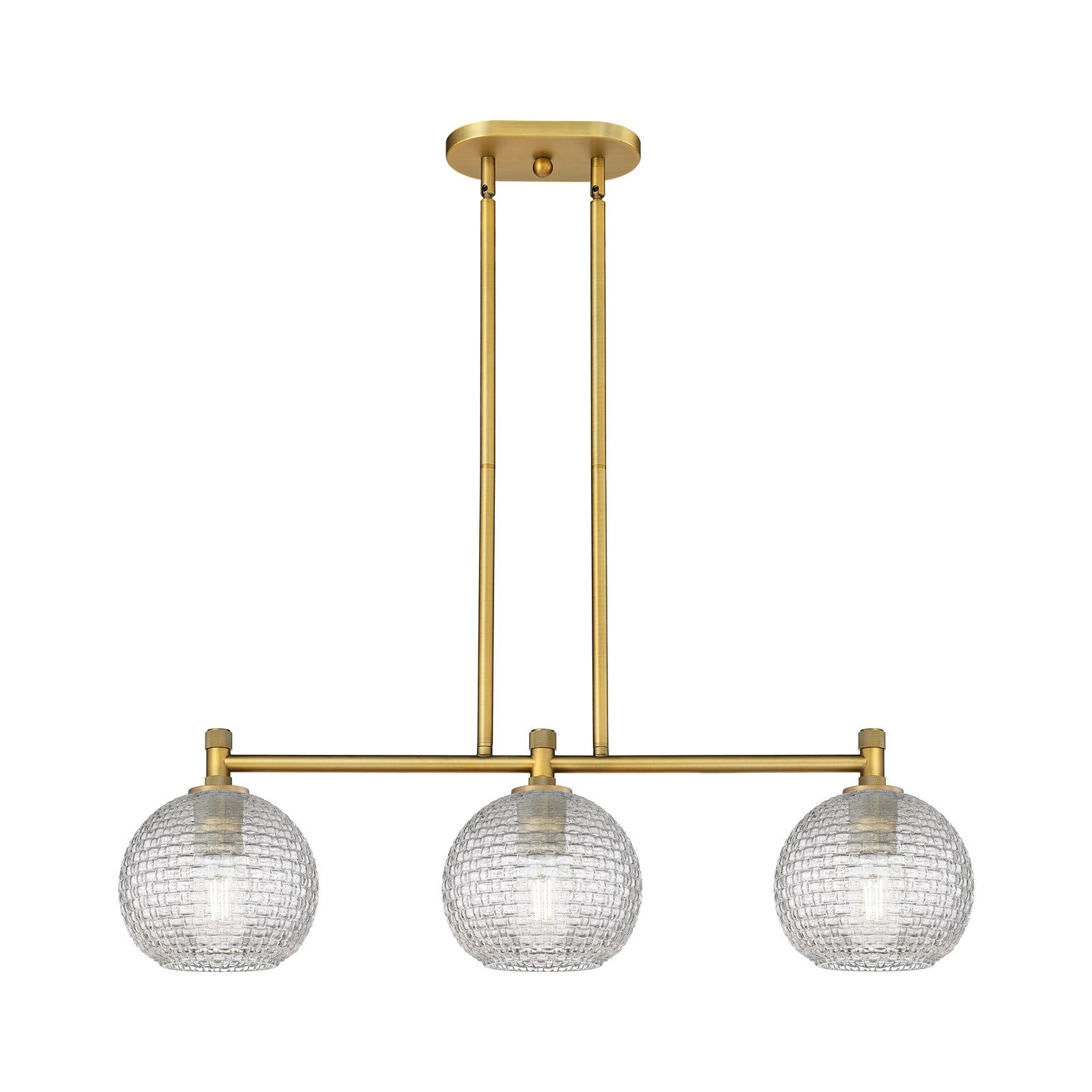 Innovations Athens 35in 3-Light Island Light | Industrial Brushed Brass and Clear Basket Weave Glass | Kitchen Island | Model 434-3I-BB-G122C-8CL