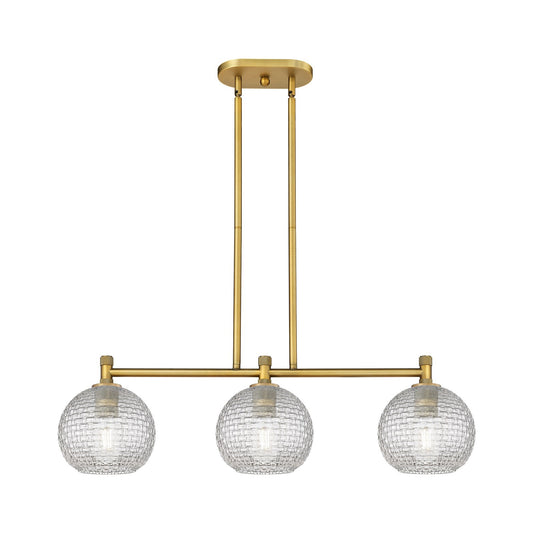Innovations Athens 35in 3-Light Island Light | Industrial Brushed Brass and Clear Basket Weave Glass | Kitchen Island | Model 434-3I-BB-G122C-8CL