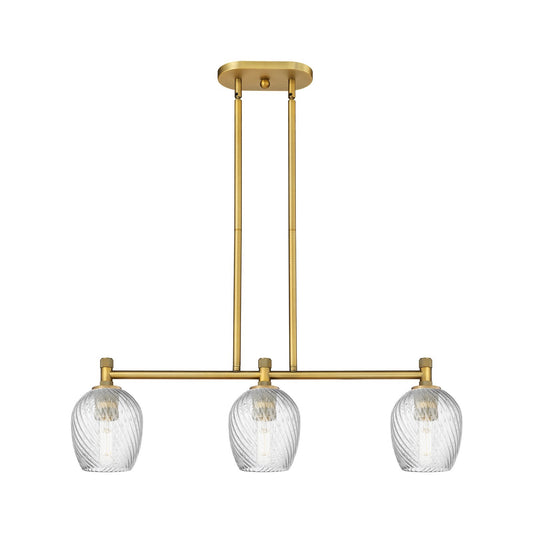 Innovations Salina 33in 3-Light Island Light | Industrial Brushed Brass and Clear Spiral Fluted Glass | Kitchen Island | Model 434-3I-BB-G292