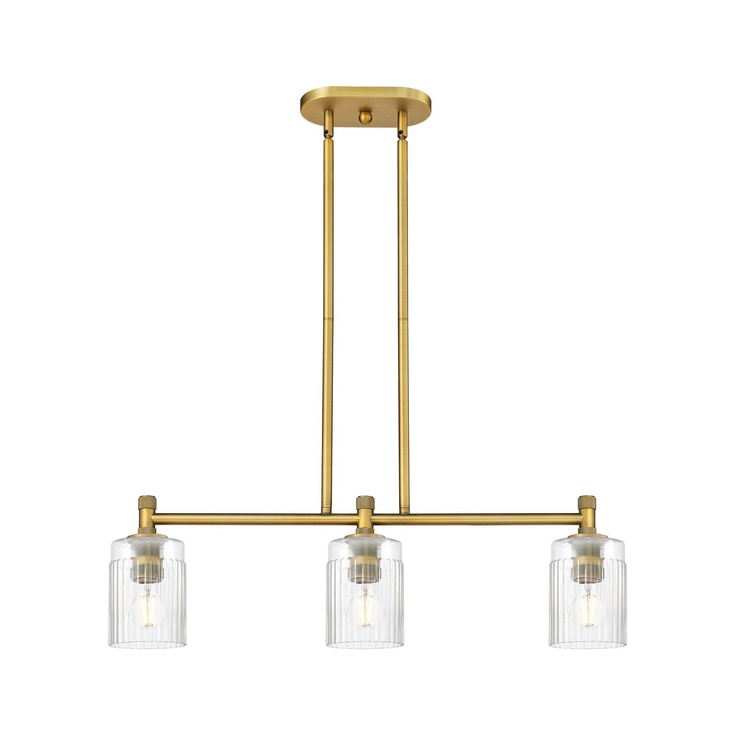 Innovations Hadley 31in 3-Light Island Light | Industrial Brushed Brass and Clear Ribbed Glass | Kitchen Island & Dining Room | Model 434-3I-BB-G342