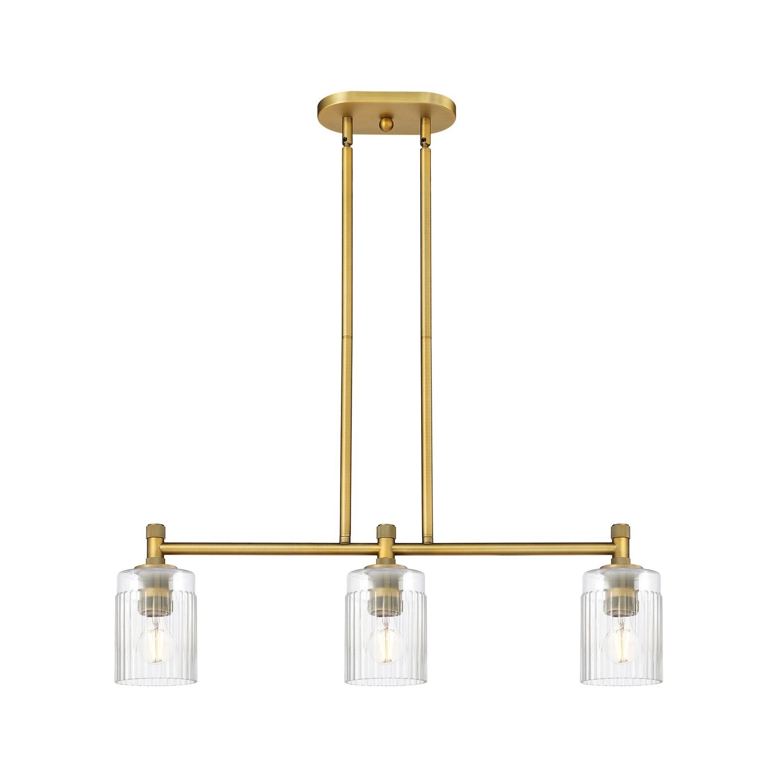 Innovations Hadley 31in 3-Light Island Light | Industrial Brushed Brass and Clear Ribbed Glass | Kitchen Island & Dining Room | Model 434-3I-BB-G342