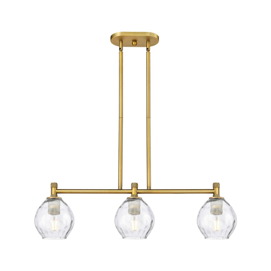Innovations Waverly 33in 3-Light Island Light | Industrial Brushed Brass and Clear Globe Glass | Kitchen Island & Dining Room | Model 434-3I-BB-G362