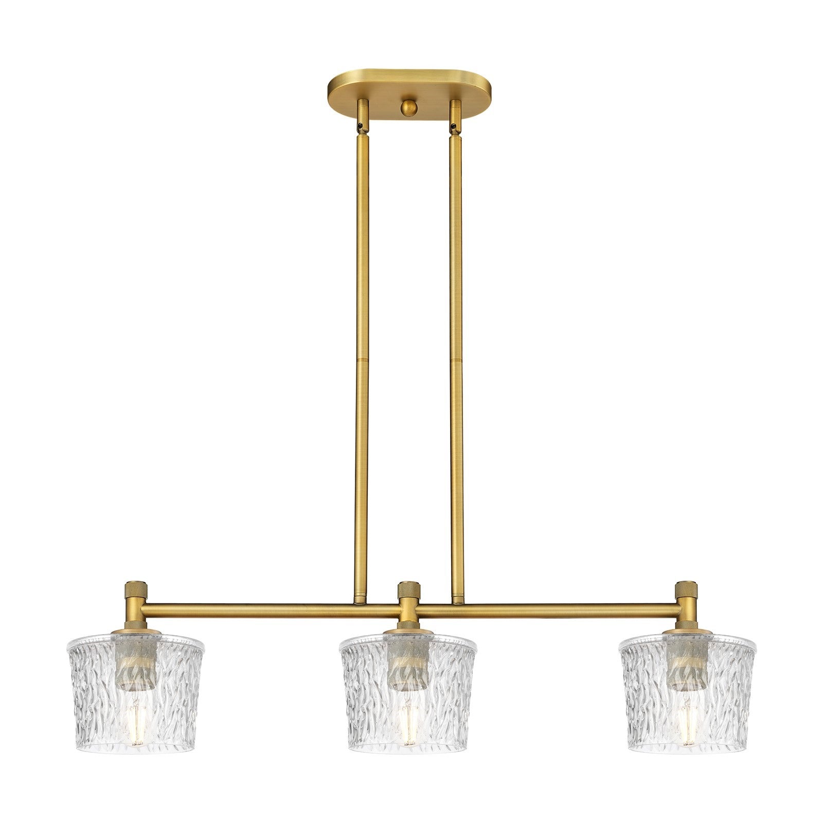 Innovations Niagara 33.5in 3-Light Island Light | Industrial Brushed Brass and Clear Glass | Kitchen Island & Dining Room | Model 434-3I-BB-G402
