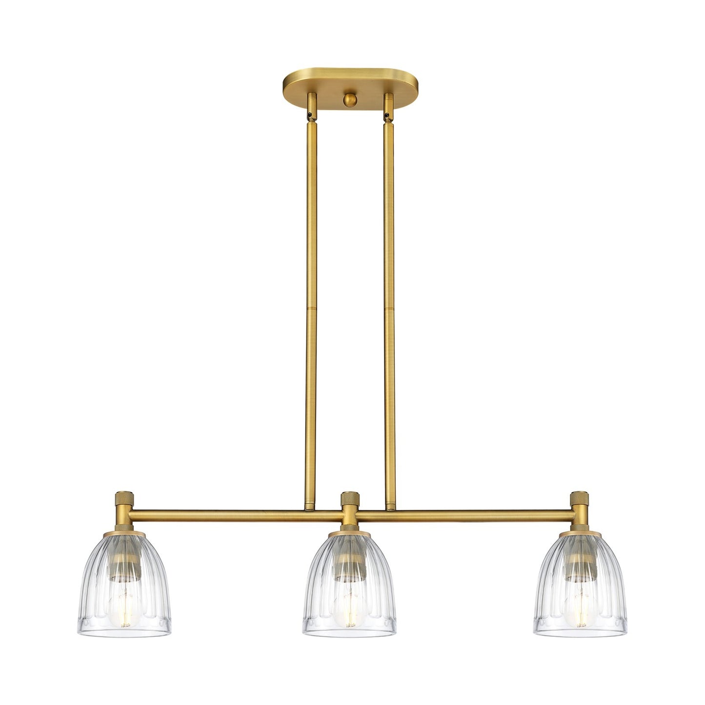 Innovations Brookfield 32.75in 3-Light Island Light | Industrial Brushed Brass and Clear Glass | Kitchen Island & Dining Room | Model 434-3I-BB-G442