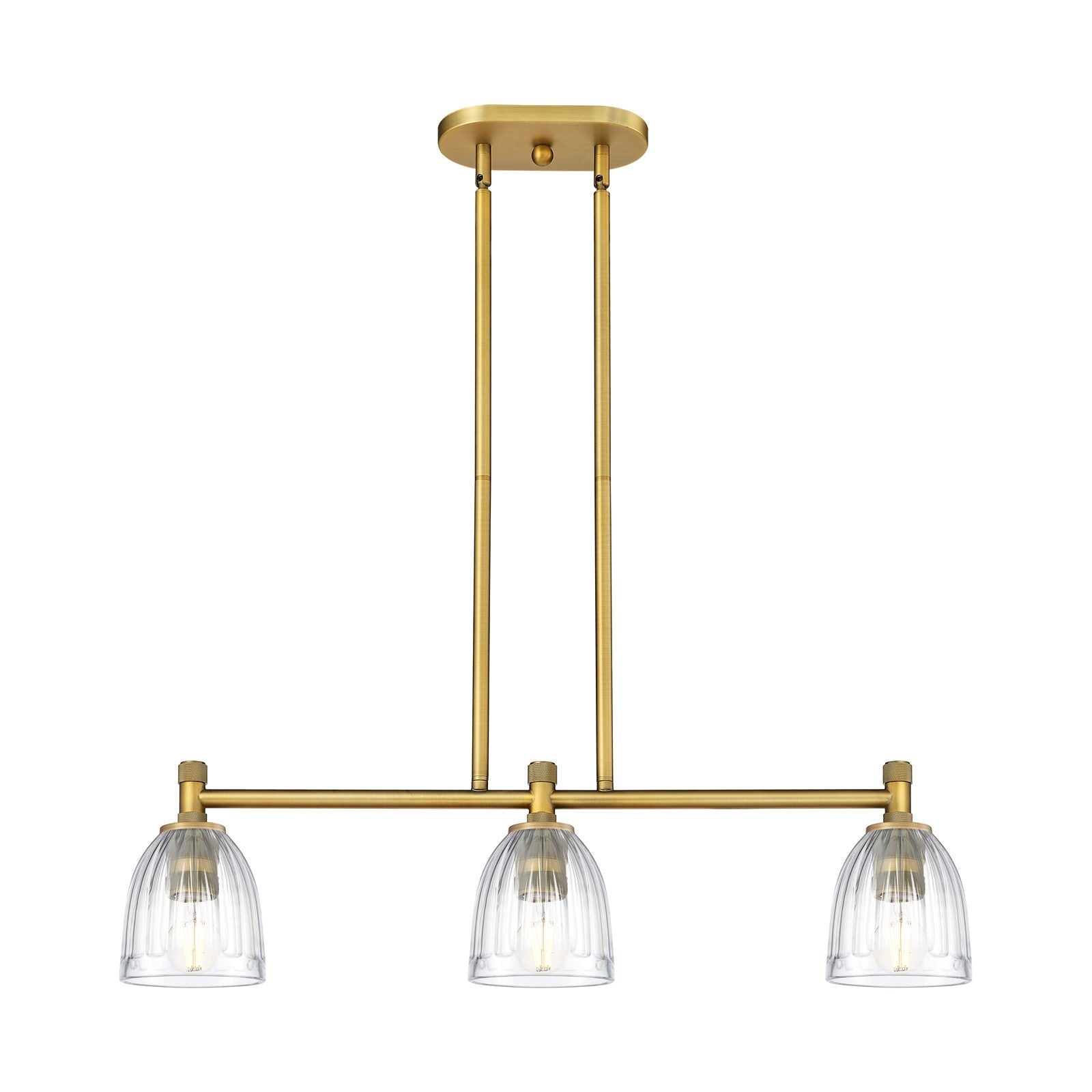 Innovations Brookfield 32.75in 3-Light Island Light | Industrial Brushed Brass and Clear Glass | Kitchen Island & Dining Room | Model 434-3I-BB-G442